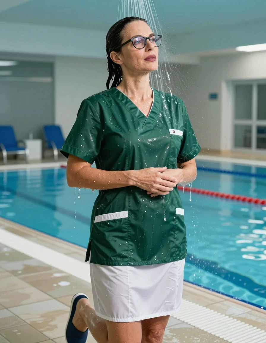 photo of young woman, in soaking wet, drenched clothes,
slippers, dark green scrubs with white skirt, dark green scrubs with white skirt, taking shower after swim in indoor swimming pool, enjoying wet clothes stuck body, enjoying, wet clothes stuck to body, 
enjoying, wet clothes stuck to body,
detailed textures of the wet clothes, wet face, wet plastered hair,
wet, drenched, professional, high-quality details, full body view.
sharp focus, ultra-high pixel detail, realistic, high-quality, full colors, incredibly detailed, 4k, 8k, 16k, hyper-realistic, RAW photo, masterpiece, ultra-detailed, professionally color graded, professional photograph, europen brunette skinny woman 50 years old, long dark black hair, very big and thick lips,  office glasses, complete body, wet skin, wet clothes, damp fabric, wet skin, wet clothes, damp fabric, wet skin, wet clothes, damp fabric, wet skin, wet clothes, damp fabric, wet skin, wet clothes, damp fabric
