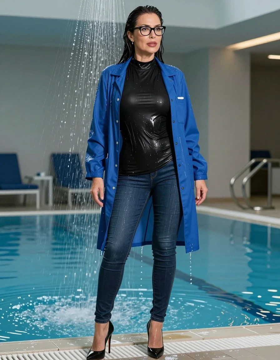 photo of young woman, in soaking wet, drenched clothes,
high-heeled butts, long tight shiny jeans, maxi high-neck black t-shirt dress, maxi blue labcoat with long sleeves, under shower indoor swimming pool, enjoying wet clothes stuck body, enjoying, wet clothes stuck to body, 
enjoying, wet clothes stuck to body,
detailed textures of the wet clothes, wet face, wet plastered hair,
wet, drenched, professional, high-quality details, full body view.
sharp focus, ultra-high pixel detail, realistic, high-quality, full colors, incredibly detailed, 4k, 8k, 16k, hyper-realistic, RAW photo, masterpiece, ultra-detailed, professionally color graded, professional photograph, europen brunette skinny woman 50 years old, long dark black hair, very big and thick lips,  office glasses, complete body, wet skin, wet clothes, damp fabric, wet skin, wet clothes, damp fabric, wet skin, wet clothes, damp fabric, wet skin, wet clothes, damp fabric, wet skin, wet clothes, damp fabric