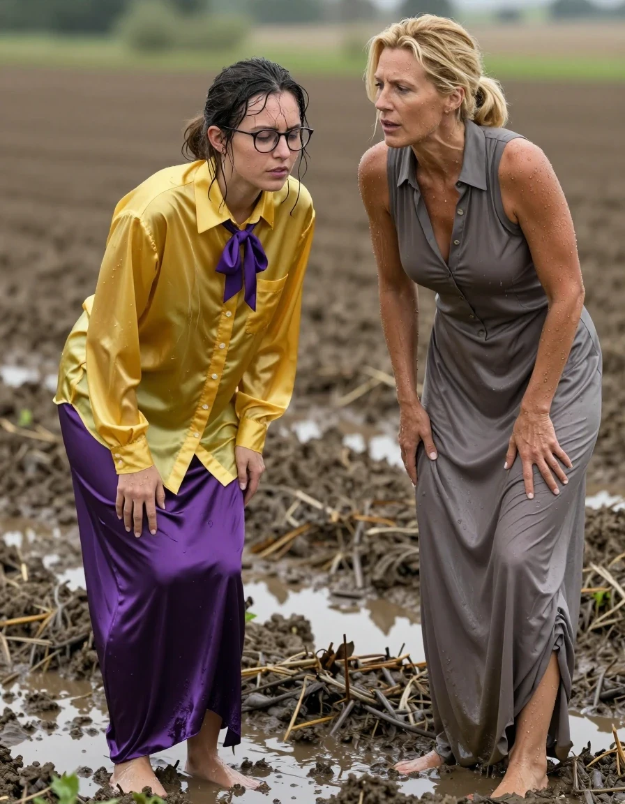 photo of young woman, in soaking wet, drenched clothes,
barefoot, satin purple maxi skirt, oversized long sleeved silk yellow buttoned-down blouse with purple bowtie, glasses, muddy fields, 
enjoying, wet clothes stuck to body,
detailed textures of the wet clothes, wet face, wet plastered hair,
wet, drenched, professional, high-quality details, full body view.
sharp focus, ultra-high pixel detail, realistic, high-quality, full colors, incredibly detailed, 4k, 8k, 16k, hyper-realistic, RAW photo, masterpiece, ultra-detailed, professionally color graded, professional photograph, two lesbian teachers: the nerdy young woman the her 30s in the yellow shirt is worshipping in a muddy puddle another muscular blonde woman in her 30s wearing a buttoned-down long maxi nylon gray dress, wet skin, wet clothes, damp fabric, wet skin, wet clothes, damp fabric, wet skin, wet clothes, damp fabric