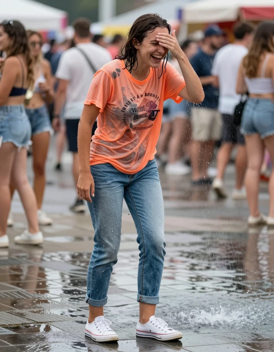 photo of young woman, in soaking wet, drenched clothes,
white canvas sneakers soaked through with visible water droplets, light-wash denim pants clinging to skin from water saturation, bright apricot cotton graphic t-shirt drenched and translucent in patches, gleaming tiled pool deck walkway at a crowded summer festival, 
enjoying, wet clothes stuck to body,
detailed textures of the wet clothes, wet face, wet plastered hair,
wet, drenched, professional, high-quality details, full body view.
sharp focus, ultra-high pixel detail, realistic, high-quality, full colors, incredibly detailed, 4k, 8k, 16k, hyper-realistic, RAW photo, masterpiece, ultra-detailed, professionally color graded, professional photograph, a young woman laughing while shielding her face with one hand after being caught in a sudden fountain spray, clothing heavily saturated and clinging to body, realistic street photography, vibrant natural lighting, shallow depth of field, wide angle shot from a low perspective to capture water mist in the air., wet skin, wet clothes, damp fabric