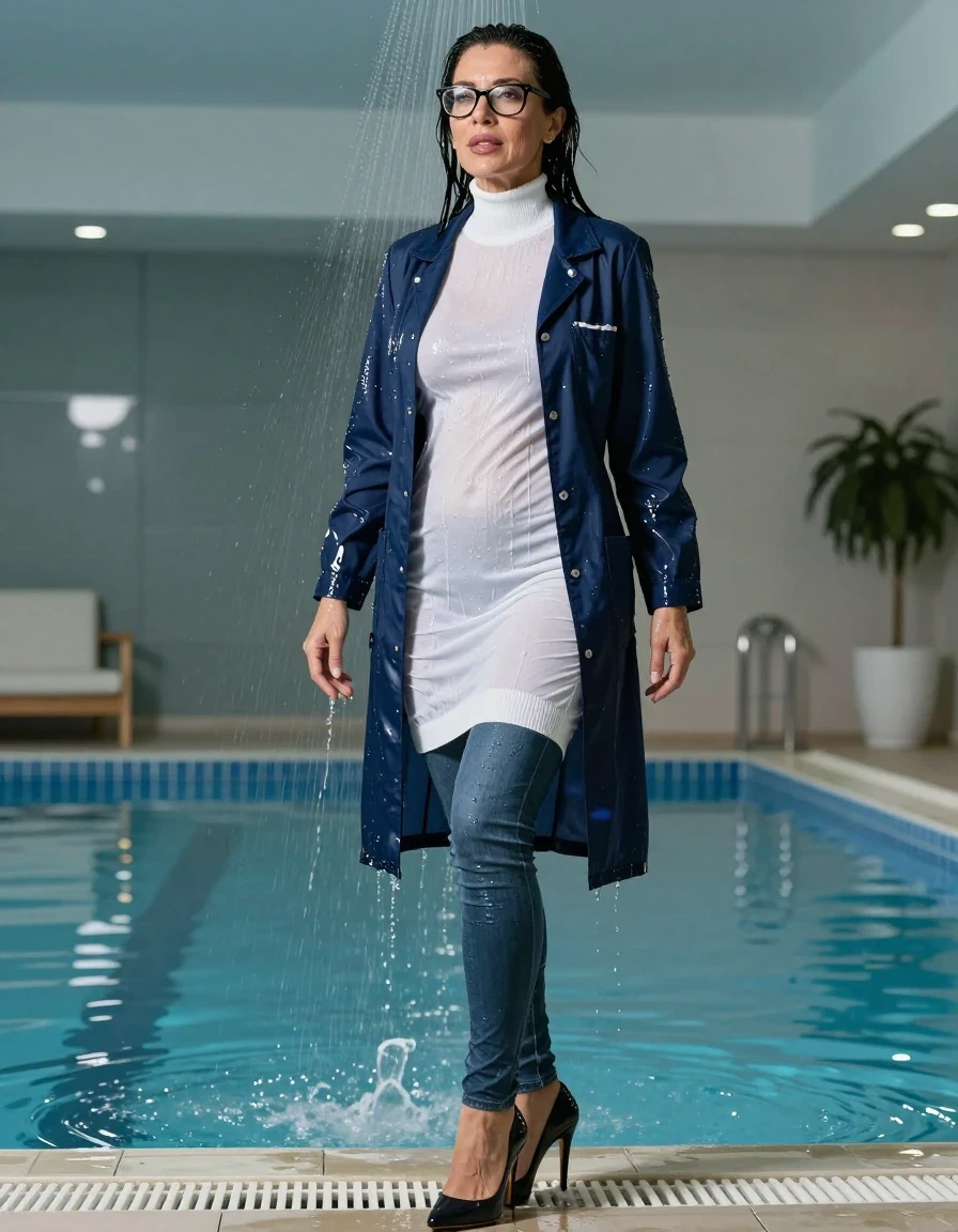 photo of young woman, in soaking wet, drenched clothes,
high-heeled butts, long tight shiny jeans, maxi high-neck white sweater dress, maxi dark blue labcoat with long sleeves, under shower indoor swimming pool, enjoying wet clothes stuck body, enjoying, wet clothes stuck to body, 
enjoying, wet clothes stuck to body,
detailed textures of the wet clothes, wet face, wet plastered hair,
wet, drenched, professional, high-quality details, full body view.
sharp focus, ultra-high pixel detail, realistic, high-quality, full colors, incredibly detailed, 4k, 8k, 16k, hyper-realistic, RAW photo, masterpiece, ultra-detailed, professionally color graded, professional photograph, europen brunette skinny woman 50 years old, long dark black hair, very big and thick lips,  office glasses, complete body, wet skin, wet clothes, damp fabric, wet skin, wet clothes, damp fabric, wet skin, wet clothes, damp fabric, wet skin, wet clothes, damp fabric, wet skin, wet clothes, damp fabric