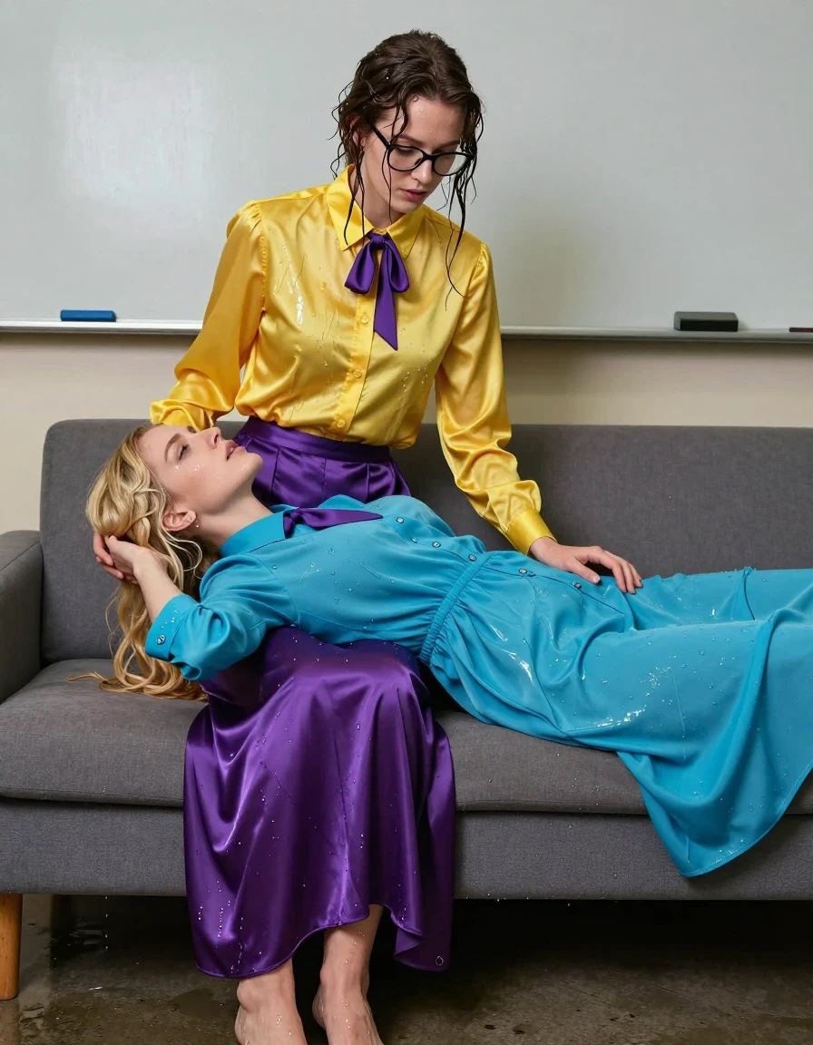 photo of young woman, in soaking wet, drenched clothes,
barefoot, satin purple maxi skirt, oversized long sleeved silk yellow buttoned-down blouse with purple bowtie, glasses, empty teachers' room couch, 
enjoying, wet clothes stuck to body,
detailed textures of the wet clothes, wet face, wet plastered hair,
wet, drenched, professional, high-quality details, full body view.
sharp focus, ultra-high pixel detail, realistic, high-quality, full colors, incredibly detailed, 4k, 8k, 16k, hyper-realistic, RAW photo, masterpiece, ultra-detailed, professionally color graded, professional photograph, two lesbian teachers: the nerdy young woman in the yellow shirt is in the arms of another nerdy blonde woman wearing a long-sleeved buttoned-down cyan maxi dress with a necktie laying on the couch, clothes are completely soaked and drenched, wet skin, wet clothes, damp fabric