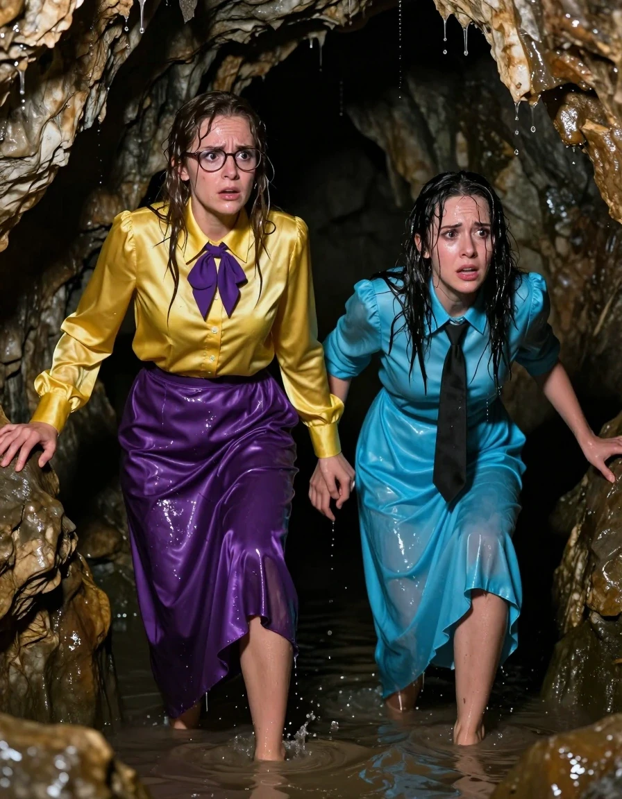 Hyper-realistic wide shot of two terrified nerdy European female teachers trapped inside a dimly lit, dripping flooded cave. The first woman wears an oversized long-sleeved silk yellow buttoned-down blouse with a purple bowtie, glasses, and a satin purple maxi skirt. The second woman wears a long-sleeved buttoned-down cyan maxi dress with a black necktie. Both women are wearing high heels, struggling to crawl through the murky, shallow cave water. Their clothing is heavily soaked, with the silk and satin fabrics clinging to their skin, darkened by water, and showing heavy wet folds and translucent textures. Their hair is matted and dripping, and their skin has a realistic, glistening wet sheen. The cave environment is damp and claustrophobic, with water trickling down jagged limestone walls. The lighting is low-key and moody, catching the specular highlights on the wet fabrics and the surface of the water. Cinematic composition, 8k resolution, highly detailed textures, intense facial expressions of fear and desperation.