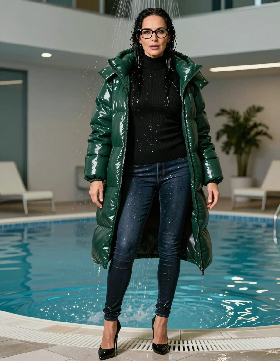 photo of young woman, in soaking wet, drenched clothes,
high-heeled shoes, long tight shiny jeans, maxi high-neck black sweater dress, maxi dark green latex down jacket, under shower indoor swimming pool, enjoying wet clothes stuck body, enjoying, wet clothes stuck to body, 
enjoying, wet clothes stuck to body,
detailed textures of the wet clothes, wet face, wet plastered hair,
wet, drenched, professional, high-quality details, full body view.
sharp focus, ultra-high pixel detail, realistic, high-quality, full colors, incredibly detailed, 4k, 8k, 16k, hyper-realistic, RAW photo, masterpiece, ultra-detailed, professionally color graded, professional photograph, europen brunette skinny woman 50 years old, long dark black hair, very big and thick lips,  office glasses, complete body, wet skin, wet clothes, damp fabric, wet skin, wet clothes, damp fabric, wet skin, wet clothes, damp fabric, wet skin, wet clothes, damp fabric, wet skin, wet clothes, damp fabric