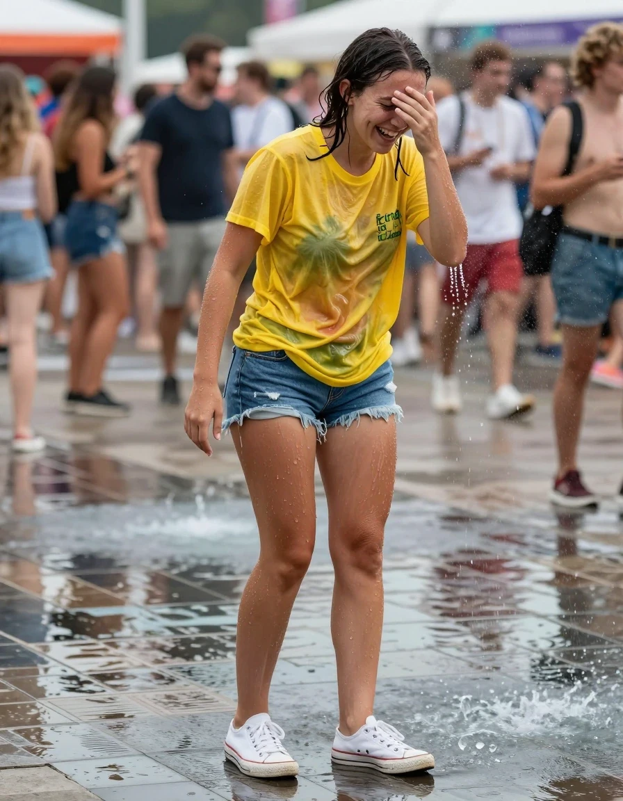 photo of young woman, in soaking wet, drenched clothes,
white canvas sneakers soaked through with visible water droplets, light-wash denim shorts clinging to skin from water saturation, bright yellow cotton graphic t-shirt drenched and translucent in patches, gleaming tiled pool deck walkway at a crowded summer festival, 
enjoying, wet clothes stuck to body,
detailed textures of the wet clothes, wet face, wet plastered hair,
wet, drenched, professional, high-quality details, full body view.
sharp focus, ultra-high pixel detail, realistic, high-quality, full colors, incredibly detailed, 4k, 8k, 16k, hyper-realistic, RAW photo, masterpiece, ultra-detailed, professionally color graded, professional photograph, a young woman laughing while shielding her face with one hand after being caught in a sudden fountain spray, clothing heavily saturated and clinging to body, realistic street photography, vibrant natural lighting, shallow depth of field, wide angle shot from a low perspective to capture water mist in the air., wet skin, wet clothes, damp fabric