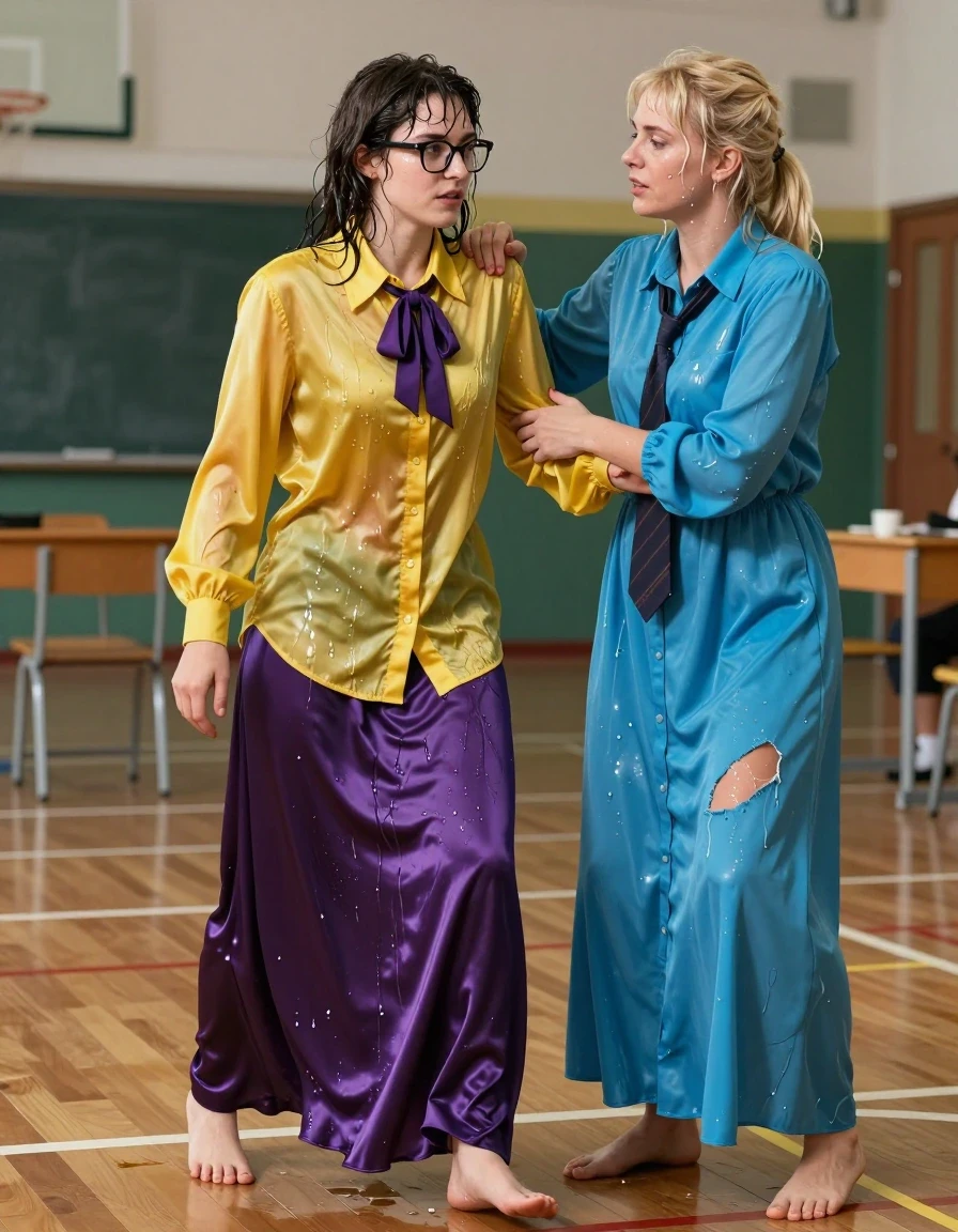 photo of young woman, in soaking wet, drenched clothes,
barefoot, satin purple maxi skirt, oversized long sleeved silk yellow buttoned-down blouse with purple bowtie, glasses, empty high school gym, 
enjoying, wet clothes stuck to body,
detailed textures of the wet clothes, wet face, wet plastered hair,
wet, drenched, professional, high-quality details, full body view.
sharp focus, ultra-high pixel detail, realistic, high-quality, full colors, incredibly detailed, 4k, 8k, 16k, hyper-realistic, RAW photo, masterpiece, ultra-detailed, professionally color graded, professional photograph, two lesbian teachers: the nerdy young woman in the yellow shirt is wrestling with another blonde woman wearing a long-sleeved buttoned-down cyan maxi dress with a necktie, clothes are torn, wet skin, wet clothes, damp fabric