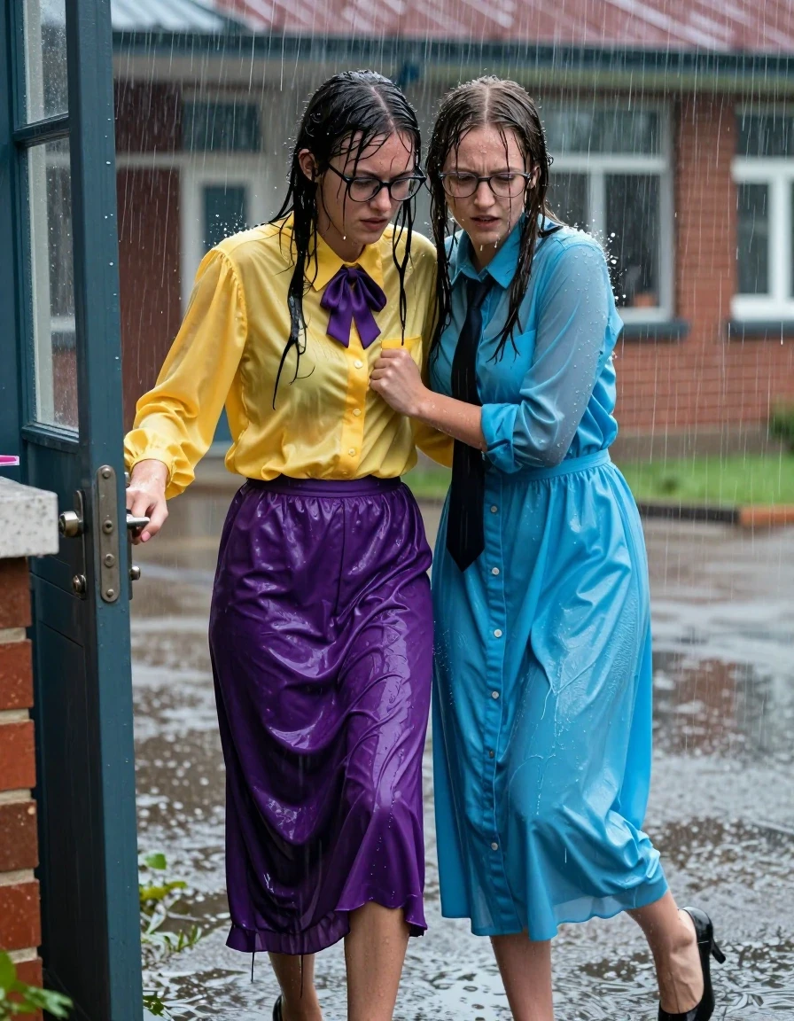 Photorealistic medium shot of two young adult European women, nerdy teachers, caught in a torrential rainstorm outside a brick schoolyard building. The first woman wears an oversized, long-sleeved, yellow silk button-down blouse with a purple bowtie and glasses, paired with a satin purple maxi skirt. The second woman wears a long-sleeved, buttoned-down cyan maxi dress with a black necktie. Both women are wearing high heels. Their hair is plastered to their faces and necks, skin glistening with heavy water sheen and rivulets of rain. Their clothing is heavily saturated, darkened by the downpour, and clinging to their bodies with visible heavy folds, translucent wet patches, and water-logged fabric texture. They are huddled together in a desperate struggle to open the locked school door. The setting is a bleak, rain-lashed schoolyard with puddles forming on the pavement, cinematic lighting capturing the heavy downpour, high-speed photography, sharp focus on the wet fabric textures, water droplets splashing off their shoulders, hyper-realistic skin and fabric wetness.