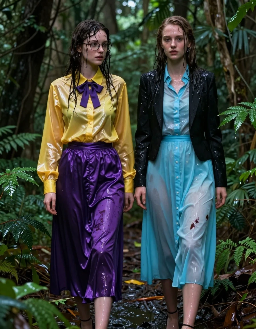 A hyper-realistic, high-detail cinematic shot of two young European women, nerdy teachers playing a master and servant role, positioned deep inside a lush, damp forest thicket. The first woman, the servant, wears an oversized, long-sleeved silk yellow buttoned-down blouse with a purple bowtie, glasses, and a satin purple maxi skirt. The second woman, the master, wears a sharp black tuxedo jacket over a long-sleeved nylon buttoned-down cyan maxi dress. Both women are wearing high heels. Both subjects have soaking-wet, translucent, and clinging clothing that reveals heavy fabric saturation, dark water-logged patches, and realistic folds. Their skin is glistening with a heavy water sheen, and their hair is damp and matted to their faces. The scene is set amongst dense, wet forest foliage, with water droplets clinging to leaves. The lighting is soft and moody, emphasizing the glossy, wet textures of the silk, nylon, and skin, with deep shadows and specular highlights reflecting off the damp surfaces. 8k resolution, photorealistic, intricate textures, shallow depth of field.
