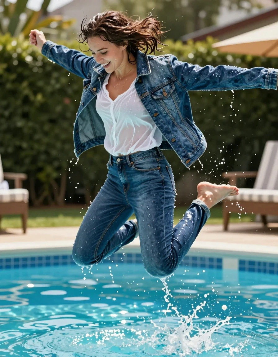 A photorealistic action shot of a young adult European woman captured mid-air as she jumps into a backyard pool during a vibrant pool party. She is barefoot and fully clothed, wearing a white blouse underneath a denim jacket and blue jeans. The clothing is completely water-saturated; the white blouse is translucent and clinging to her skin, while the soaking-wet blue denim jeans and denim jacket show water-saturated heavyweight denim, the blue changed to deep navy and indigo with substantially darker unevenly soaked patches, absorbed water, heavy wet folds, visible weave and stitching, and strong glossy specular reflections on the raised weave, seams, and creases. Her hair is dripping wet, plastered to her head and shoulders, with water droplets spraying in the air around her. The scene is captured with a high-shutter-speed camera angle, highlighting the splash and the weight of the water-logged fabrics. Sunlight glints off the pool surface and the wet textures of her clothing and skin. The atmosphere is energetic and realistic, with no dry hair or dry clothing visible.