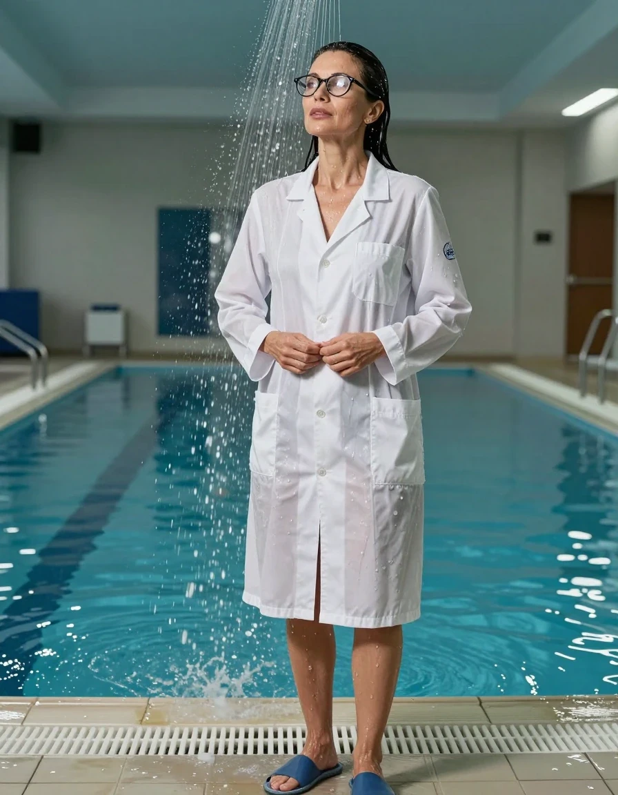 photo of young woman, in soaking wet, drenched clothes,
slippers, , maxi white labcoat with long sleeves, taking shower after swim in indoor swimming pool, enjoying wet clothes stuck body, enjoying, wet clothes stuck to body, 
enjoying, wet clothes stuck to body,
detailed textures of the wet clothes, wet face, wet plastered hair,
wet, drenched, professional, high-quality details, full body view.
sharp focus, ultra-high pixel detail, realistic, high-quality, full colors, incredibly detailed, 4k, 8k, 16k, hyper-realistic, RAW photo, masterpiece, ultra-detailed, professionally color graded, professional photograph, europen brunette skinny woman 50 years old, long dark black hair, very big and thick lips,  office glasses, complete body, wet skin, wet clothes, damp fabric, wet skin, wet clothes, damp fabric, wet skin, wet clothes, damp fabric, wet skin, wet clothes, damp fabric, wet skin, wet clothes, damp fabric