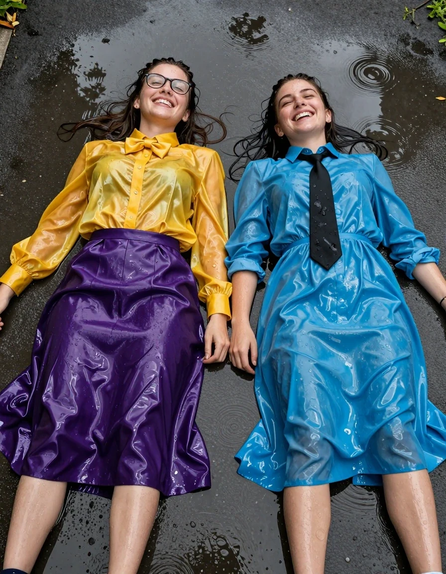 A photorealistic, high-detail scene of two young adult European female teachers lying joyfully on their backs in a shallow puddle in a schoolyard, their clothing and hair completely drenched. The first woman wears an oversized, long-sleeved, soaking-wet yellow silk buttoned-down blouse that clings to her frame, paired with a saturated, deep violet satin maxi skirt and dark heels; she wears glasses, and her yellow bowtie is limp and water-heavy. The second woman wears a long-sleeved, soaking-wet cyan maxi dress with a black necktie, the fabric darkened and heavy with water, clinging to her skin with deep, wet folds and high-sheen specular reflections. Both women have wet, matted hair and glistening, damp skin. The schoolyard setting features wet asphalt reflecting the overcast sky, with visible ripples in the puddle around them. Cinematic lighting captures the intense texture of the soaked fabrics, the weight of the water, and the glossy sheen on the wet surfaces. High-resolution photography, sharp focus on expressions of joy, realistic skin textures, and natural water-soaked fabric physics.