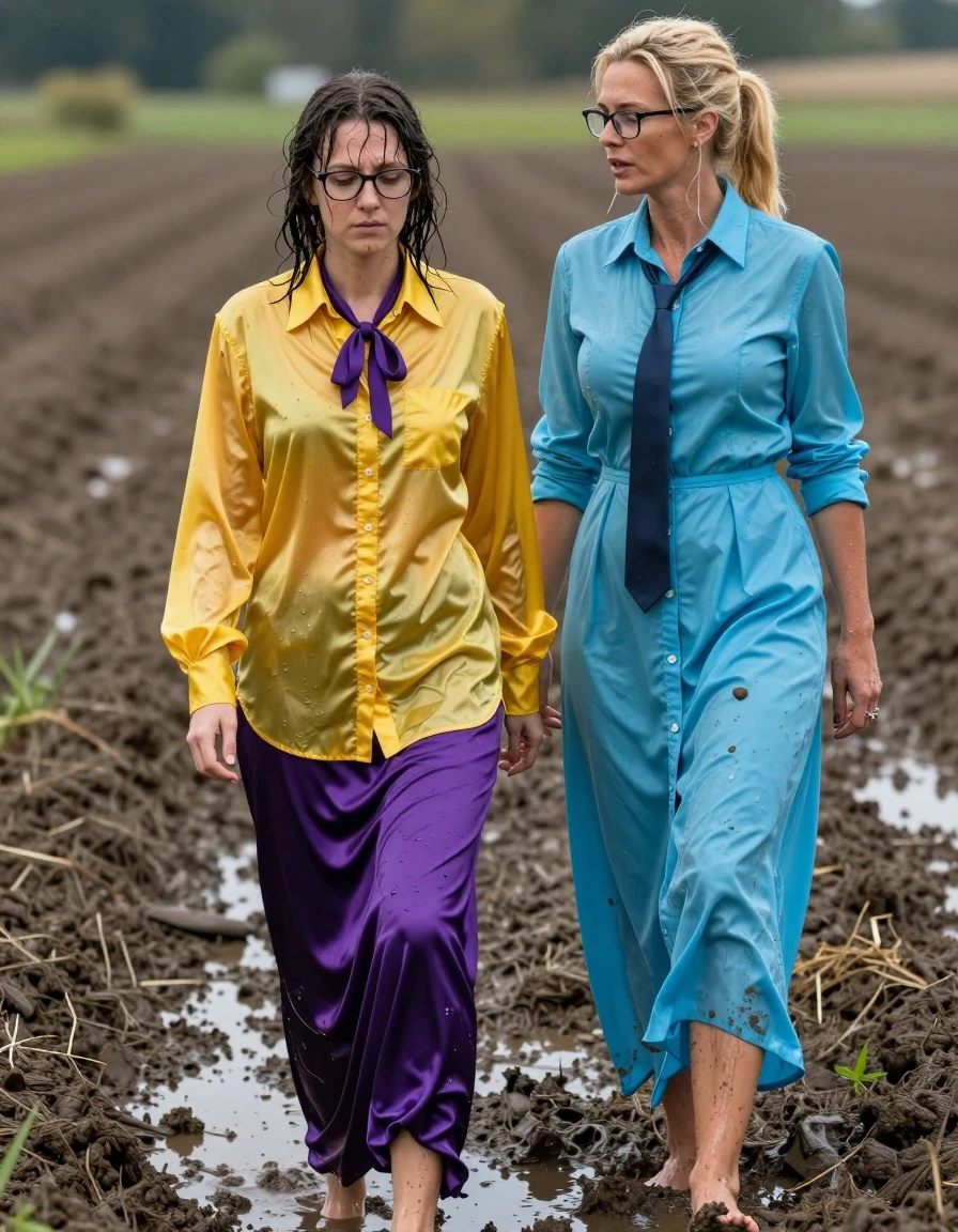 photo of young woman, in soaking wet, drenched clothes,
barefoot, satin purple maxi skirt, oversized long sleeved silk yellow buttoned-down blouse with purple bowtie, glasses, muddy fields, 
enjoying, wet clothes stuck to body,
detailed textures of the wet clothes, wet face, wet plastered hair,
wet, drenched, professional, high-quality details, full body view.
sharp focus, ultra-high pixel detail, realistic, high-quality, full colors, incredibly detailed, 4k, 8k, 16k, hyper-realistic, RAW photo, masterpiece, ultra-detailed, professionally color graded, professional photograph, S&M: two lesbian teachers: the nerdy young woman the her 30s in the yellow shirt is the servant in a muddy puddle and another muscular blonde woman, the master wearing a long-sleeved buttoned-down cyan maxi dress with a necktie, wet skin, wet clothes, damp fabric, wet skin, wet clothes, damp fabric, wet skin, wet clothes, damp fabric