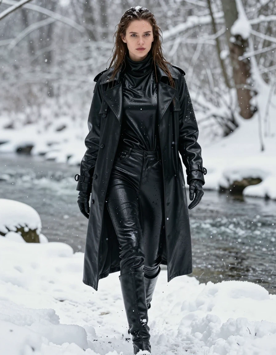 A photorealistic full-body shot of a young adult European woman with long, dripping wet brown hair and glistening wet skin, walking through a freezing river in a deep snow-covered forest. She is wearing an oversized black leather polar neck shirt, a long black leather trench coat, and black leather gloves on both hands. Her legs are clad in black leather jeans, with the leather appearing heavy, saturated, and clinging to her skin with deep, glossy specular reflections and dark, soaked folds. She wears black leather knee-high boots, with snow and slush clinging to the surfaces. The entire scene is heavily covered in falling and settled snow, with the woman and her clothing soaked through and damp. The lighting is cold and diffuse, highlighting the sheen of the wet leather and the icy texture of the environment. High-detail photography, sharp focus on fabric textures and water droplets, cinematic composition, professional lighting, no nudity, clean anatomy.