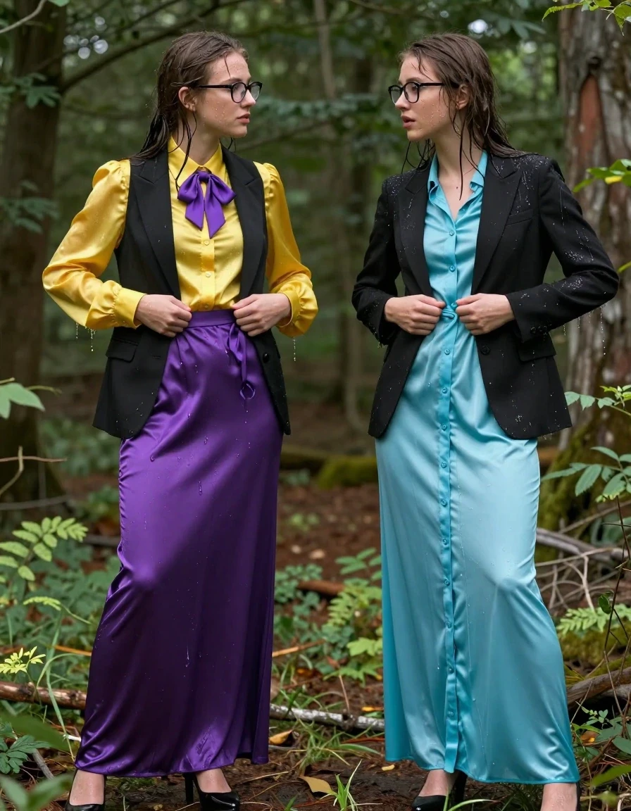 photo of young woman, in soaking wet, drenched clothes,
heels, 1st woman: satin purple maxi skirt 2nd: black tuxedo jacket, a long-sleeved nylon buttoned-down cyan maxi dress, 1st woman: oversized long sleeved silk yellow buttoned-down blouse with purple bowtie, glasses; 2nd: black tuxedo jacket,  a long-sleeved nylon buttoned-down cyan maxi dress, forest, inside a bush, 
enjoying, wet clothes stuck to body,
detailed textures of the wet clothes, wet face, wet plastered hair,
wet, drenched, professional, high-quality details, full body view.
sharp focus, ultra-high pixel detail, realistic, high-quality, full colors, incredibly detailed, 4k, 8k, 16k, hyper-realistic, RAW photo, masterpiece, ultra-detailed, professionally color graded, professional photograph, two nerdy teachers unbuttoning their clothes passionately while hiding, wet skin, wet clothes, damp fabric
