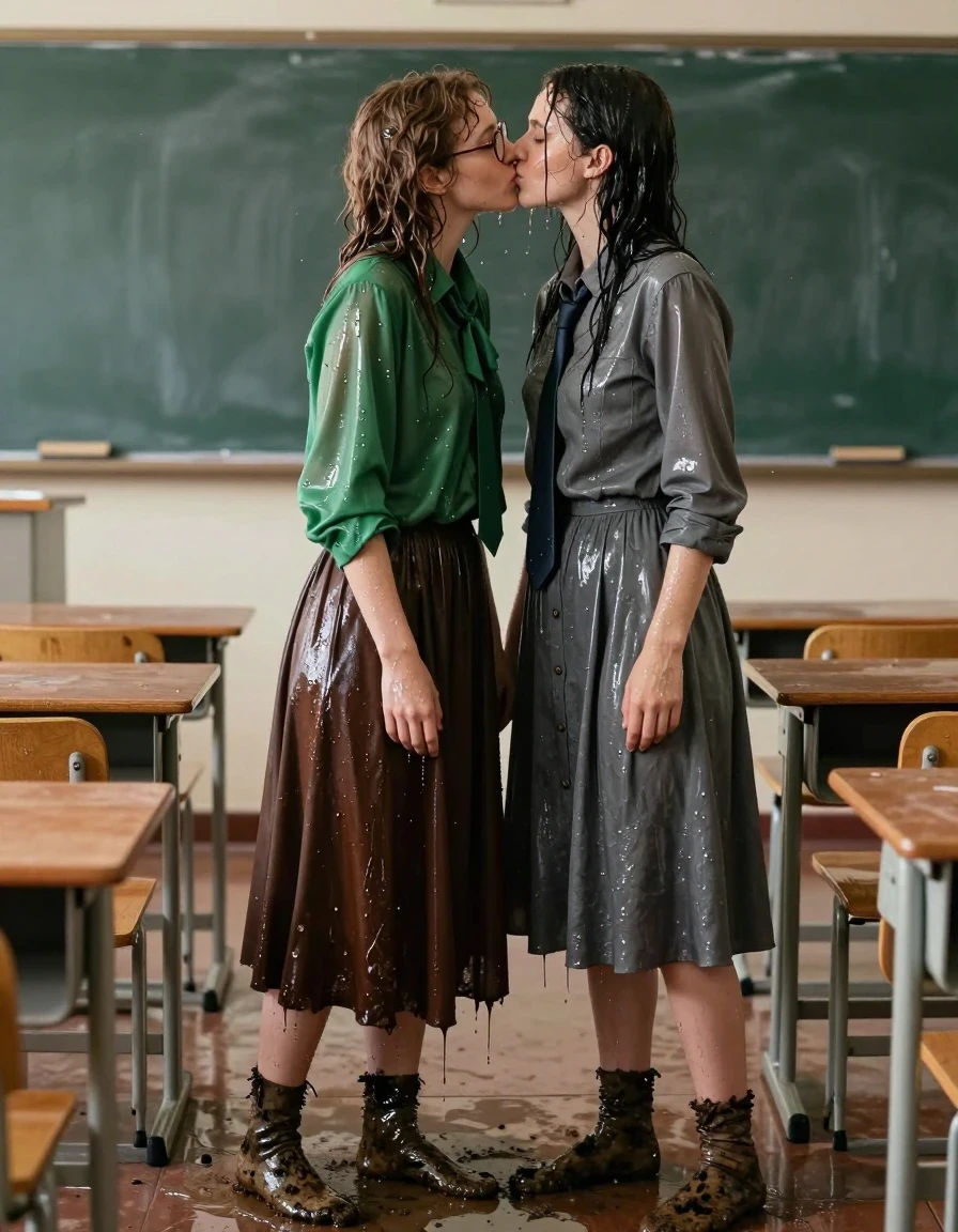 A photorealistic, highly detailed shot of two young adult European women passionately kissing in an empty, sunlit classroom. The first woman is wearing an oversized long-sleeved silk green blouse with a tied bowtie and spectacles; her clothes are drenched, the silk clinging to her skin with a deep, dark, translucent sheen, heavy with water weight. She wears a maxi brown skirt layered over a sodden petticoat, the fabric heavy and water-logged, clinging to her legs. Her feet are encased in muddy, soaking-wet socks, caked with damp earth and dark, saturated textures. The second woman is wearing a grey buttoned-down dress with a formal necktie, also completely soaked, the fabric dark and clinging to her silhouette with realistic wet-texture folds. Both women have wet hair and shimmering, water-slicked skin. The classroom environment features dusty wooden desks and a chalkboard background, with dramatic lighting catching the specular highlights and water droplets clinging to their garments. Cinematic composition, 8k resolution, hyper-realistic textures, wet-look photography, sharp focus on the intimate interaction.