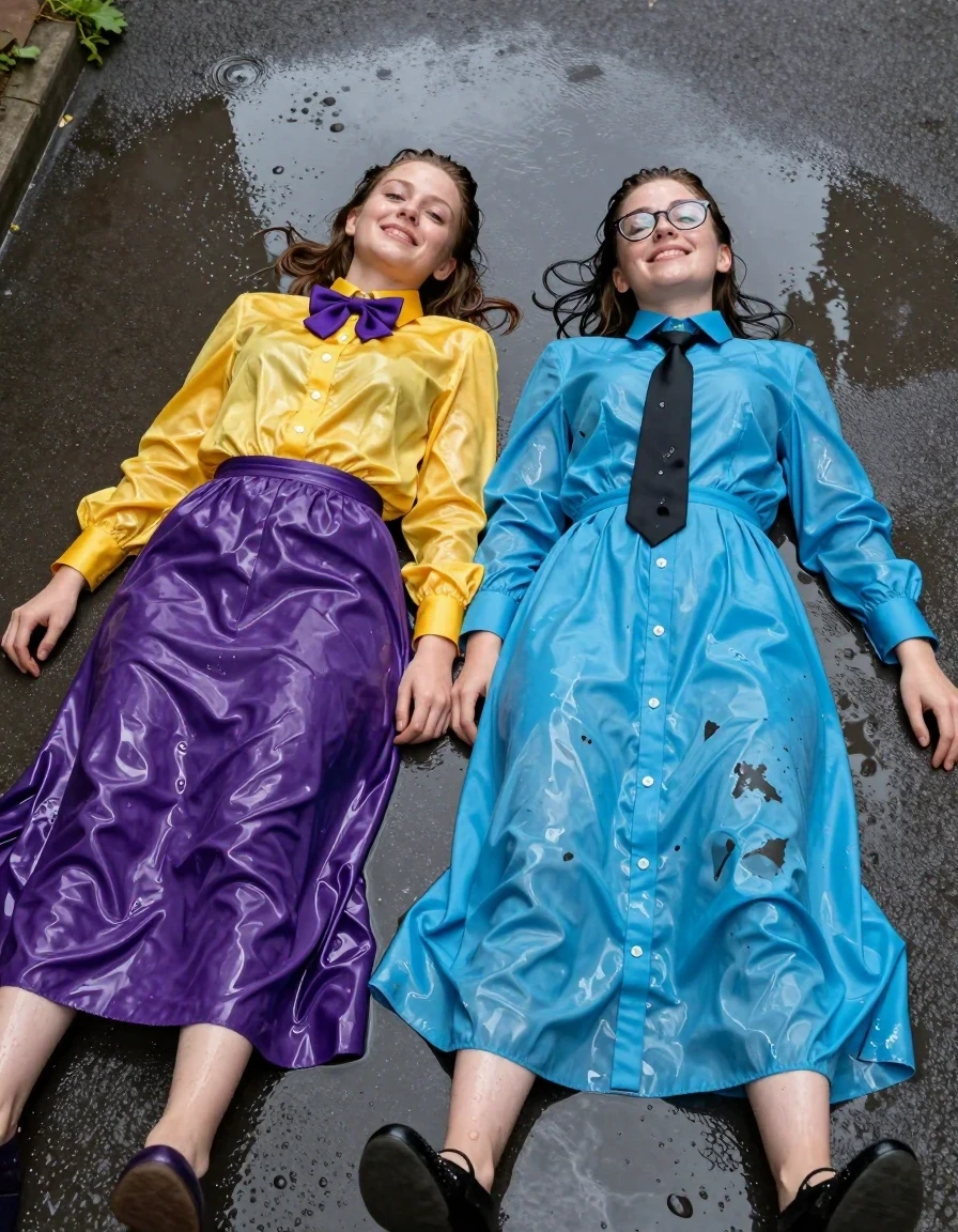 A photorealistic medium shot of two young adult European women, both dressed as nerdy teachers, lying on their backs in a large, shallow puddle in a schoolyard. The first woman is wearing an oversized, long-sleeved silk yellow buttoned-down blouse with a purple bowtie, a satin purple maxi skirt, and heels, her clothing heavily soaked, clinging to her skin with deep, saturated colors and glossy wet sheen. The second woman is wearing a long-sleeved buttoned-down cyan maxi dress with a black necktie and heels, the fabric saturated with water, showing heavy folds and dark, clinging patches. Both women have wet hair, glistening wet skin, and joyful expressions. The environment is an outdoor schoolyard with wet asphalt reflecting the sky. The lighting is bright and natural, emphasizing the liquid texture, water sheen, and light reflections on the wet surfaces of the clothing and the puddle. High-contrast, sharp focus, cinematic photography, 8k resolution, realistic fabric weight and water absorption.