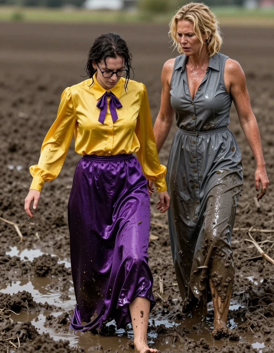 A hyper-realistic cinematic wide shot of two women in a muddy field. A nerdy young European woman in her 30s, wearing an oversized long-sleeved yellow silk buttoned-down blouse with a purple bowtie, glasses, and a satin purple maxi skirt, is being humiliated in a deep muddy puddle. She is barefoot, with her yellow silk blouse and purple satin skirt completely soaked, clinging to her skin, heavy with water, exhibiting deep color saturation, dark patches, and glossy wet fabric textures. Standing over her is a muscular blonde woman in her 40s, wearing a buttoned-down long maxi gray nylon dress that is also drenched, clinging to her athletic frame with visible wetness, darkened fabric, and water-heavy folds. Both women have wet skin, damp hair, and glistening water sheens. The environment is a wet, muddy field with churned earth, splattered mud on skin and clothes, and high-contrast natural lighting highlighting the saturated, clinging fabrics and the texture of the mire. Photorealistic, 8k, highly detailed, dramatic atmosphere, sharp focus on the wet fabric textures and skin glistening with moisture.