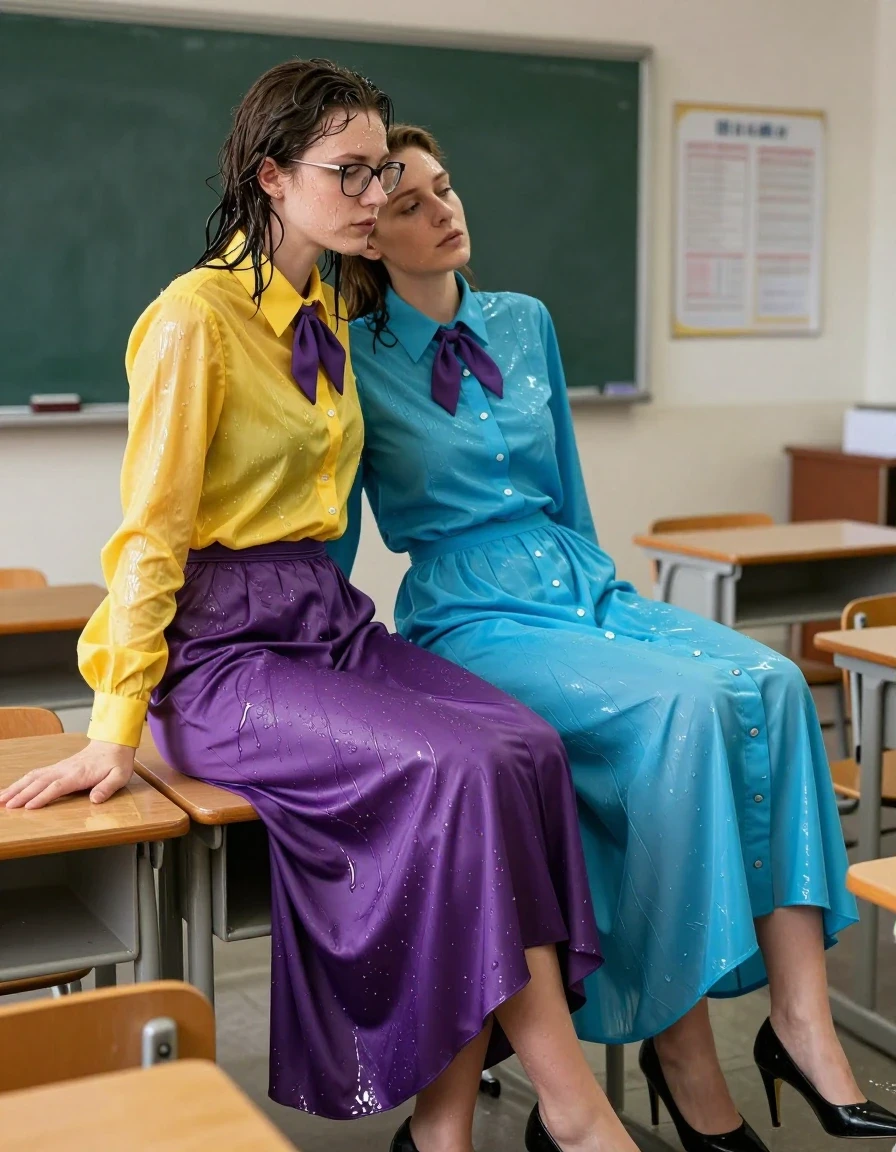 photo of young woman, in soaking wet, drenched clothes,
heels, 1st woman: satin purple maxi skirt 2nd: a long-sleeved buttoned-down cyan maxi dress with a necktie, 1st woman: oversized long sleeved silk yellow buttoned-down blouse with purple bowtie, glasses; 2nd: a long-sleeved buttoned-down cyan maxi dress with a necktie, empty teachers' room, 
enjoying, wet clothes stuck to body,
detailed textures of the wet clothes, wet face, wet plastered hair,
wet, drenched, professional, high-quality details, full body view.
sharp focus, ultra-high pixel detail, realistic, high-quality, full colors, incredibly detailed, 4k, 8k, 16k, hyper-realistic, RAW photo, masterpiece, ultra-detailed, professionally color graded, professional photograph, two lesbian teachers: first woman laying on the lap of the 2nd woman, wet skin, wet clothes, damp fabric