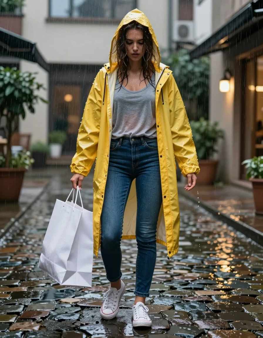 photo of young woman, in soaking wet, drenched clothes,
soaked white canvas sneakers with visible water puddles around them, clinging dark blue denim skinny jeans completely saturated and darkened by rain, translucent wet yellow hooded raincoat layered over a damp grey cotton t-shirt, dimly lit apartment courtyard at night, cobblestone ground reflecting street lamps, 
enjoying, wet clothes stuck to body,
detailed textures of the wet clothes, wet face, wet plastered hair,
wet, drenched, professional, high-quality details, full body view.
sharp focus, ultra-high pixel detail, realistic, high-quality, full colors, incredibly detailed, 4k, 8k, 16k, hyper-realistic, RAW photo, masterpiece, ultra-detailed, professionally color graded, professional photograph, woman shaking off a wet shopping bag, droplets flying, cinematic rain streaks, sharp focus on fabric texture, high-detail water beads, photorealistic lifestyle photography, wide angle shot from low perspective, balanced exposure, moody atmosphere., wet skin, wet clothes, damp fabric