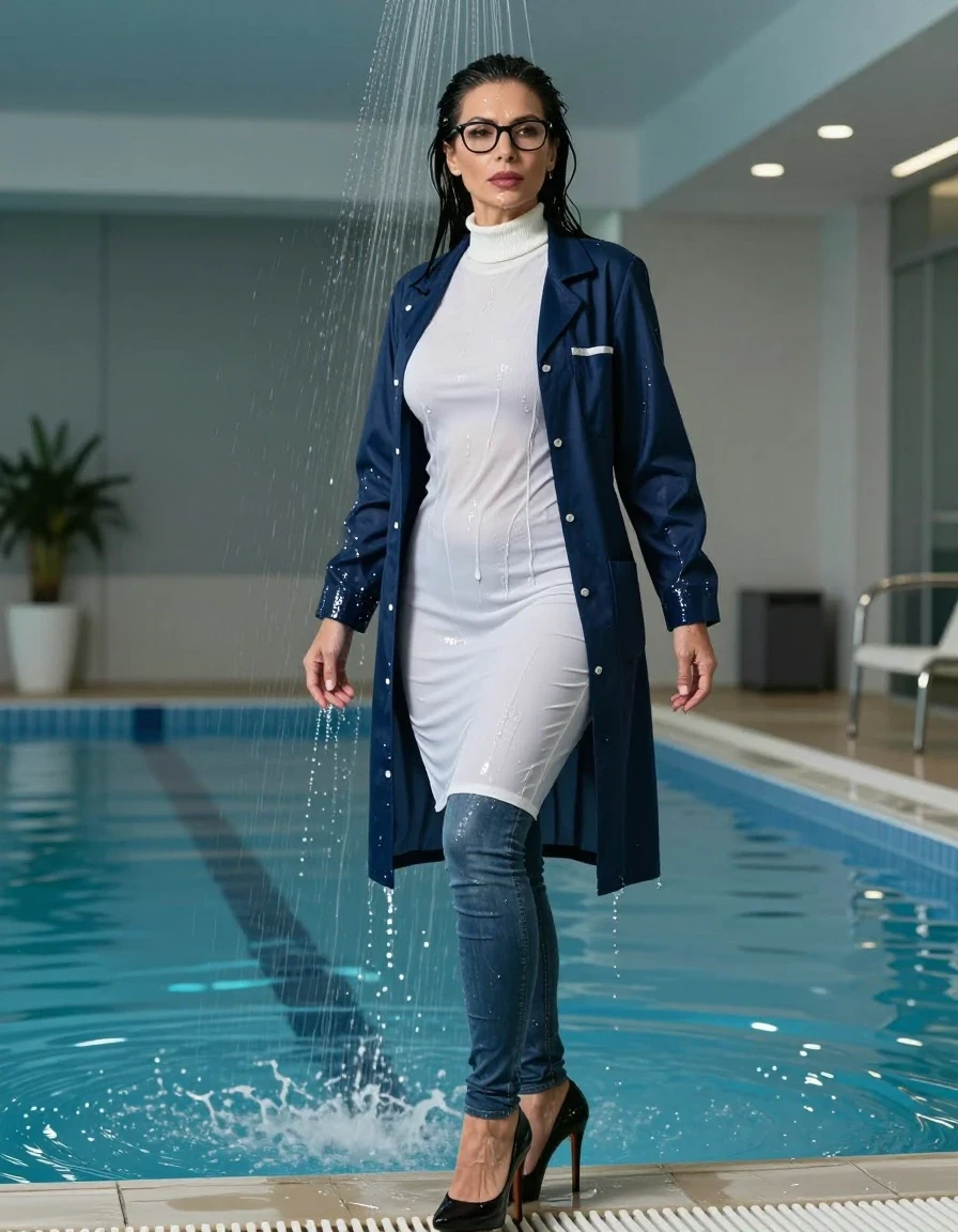 photo of young woman, in soaking wet, drenched clothes,
high-heeled butts, long tight shiny jeans, maxi high-neck white sweater dress, maxi dark blue labcoat with long sleeves, under shower indoor swimming pool, enjoying wet clothes stuck body, enjoying, wet clothes stuck to body, 
enjoying, wet clothes stuck to body,
detailed textures of the wet clothes, wet face, wet plastered hair,
wet, drenched, professional, high-quality details, full body view.
sharp focus, ultra-high pixel detail, realistic, high-quality, full colors, incredibly detailed, 4k, 8k, 16k, hyper-realistic, RAW photo, masterpiece, ultra-detailed, professionally color graded, professional photograph, europen brunette skinny woman 50 years old, long dark black hair, very big and thick lips,  office glasses, complete body, wet skin, wet clothes, damp fabric, wet skin, wet clothes, damp fabric, wet skin, wet clothes, damp fabric, wet skin, wet clothes, damp fabric, wet skin, wet clothes, damp fabric