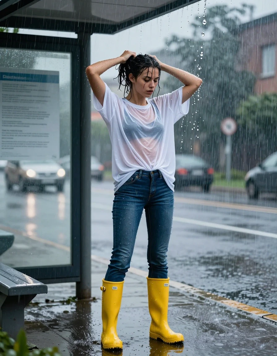 photo of young woman, in soaking wet, drenched clothes,
bright yellow rubber rain boots, slim-fit dark indigo denim jeans, soaked and clinging, oversized white cotton t-shirt, completely translucent from heavy rain, urban bus stop shelter during a torrential thunderstorm at dusk, 
enjoying, wet clothes stuck to body,
detailed textures of the wet clothes, wet face, wet plastered hair,
wet, drenched, professional, high-quality details, full body view.
sharp focus, ultra-high pixel detail, realistic, high-quality, full colors, incredibly detailed, 4k, 8k, 16k, hyper-realistic, RAW photo, masterpiece, ultra-detailed, professionally color graded, professional photograph, woman wringing out her wet ponytail, heavy rain droplets spraying, flash photography, glossy reflections on metal surfaces, hyper-realistic fabric texture, wide-angle cinematic framing, high contrast, vibrant saturated tones, wet skin, wet clothes, damp fabric