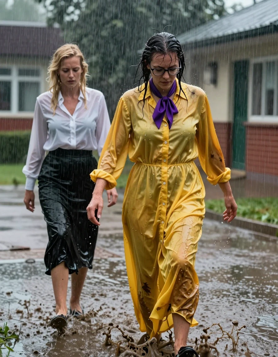 A photorealistic scene outside a school during a heavy thunderstorm, featuring two lesbian teachers. One woman wears an oversized long-sleeved silk yellow buttoned-down maxi dress with a purple bowtie and glasses, her skin and silk fabric drenched, clinging to her form with a distinct wet sheen and heavy, damp folds. Beside her, a blonde woman in a long-sleeved white blouse and a long black skirt is also thoroughly soaked by the rain. The woman in the yellow dress is actively rolling in a large, muddy puddle on the school grounds, her clothes saturated and stained. Both women have wet hair, glistening wet skin, and clothing that is darkened and clinging due to the torrential downpour. The atmosphere is gloomy and cinematic, with heavy rain streaks, puddles reflecting the dim ambient light, and high-contrast wet textures on the fabric and pavement. 8k resolution, highly detailed skin textures, realistic water physics, dramatic lighting.
