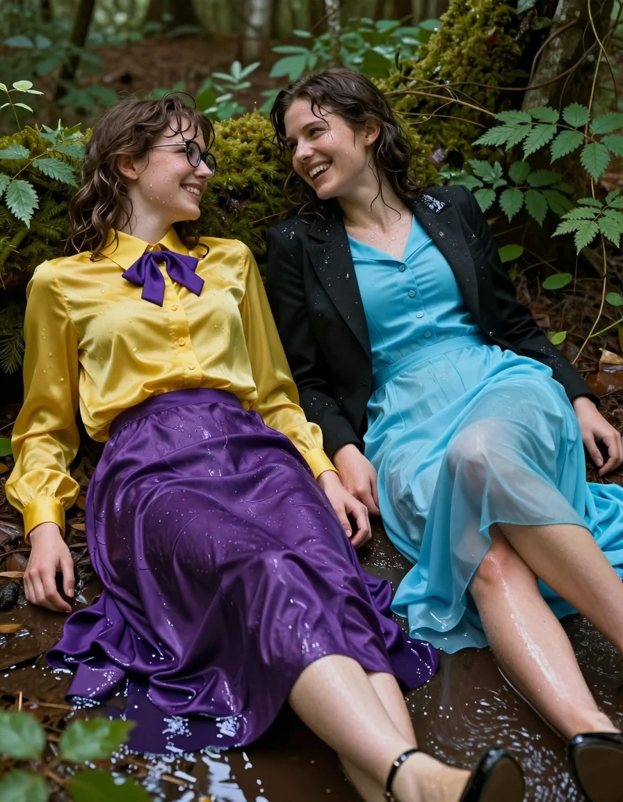 A photorealistic, high-detail scene of two young adult European nerdy lesbian teachers laying in a shallow forest puddle, giggling, immersed in a dense bush environment. The first woman wears an oversized long-sleeved silk yellow buttoned-down blouse with a purple bowtie, glasses, and a satin purple maxi skirt; the second woman wears a black tuxedo jacket over a long-sleeved nylon buttoned-down cyan maxi dress. Both women are wearing heels. The clothing is heavily soaked, with the yellow silk, purple satin, black tuxedo fabric, and cyan nylon appearing dark, saturated, and clingy against their skin, showing heavy wet folds, water-saturated textures, and glossy specular reflections from the puddle water. Their hair and skin are wet and glistening, with water droplets clinging to their faces and clothing. The scene is captured with realistic lighting filtering through the forest canopy, creating soft highlights on the wet fabrics and the water surface, cinematic depth of field, 8k resolution, highly detailed textures, realistic skin pores, and authentic wet-look fabric physics.