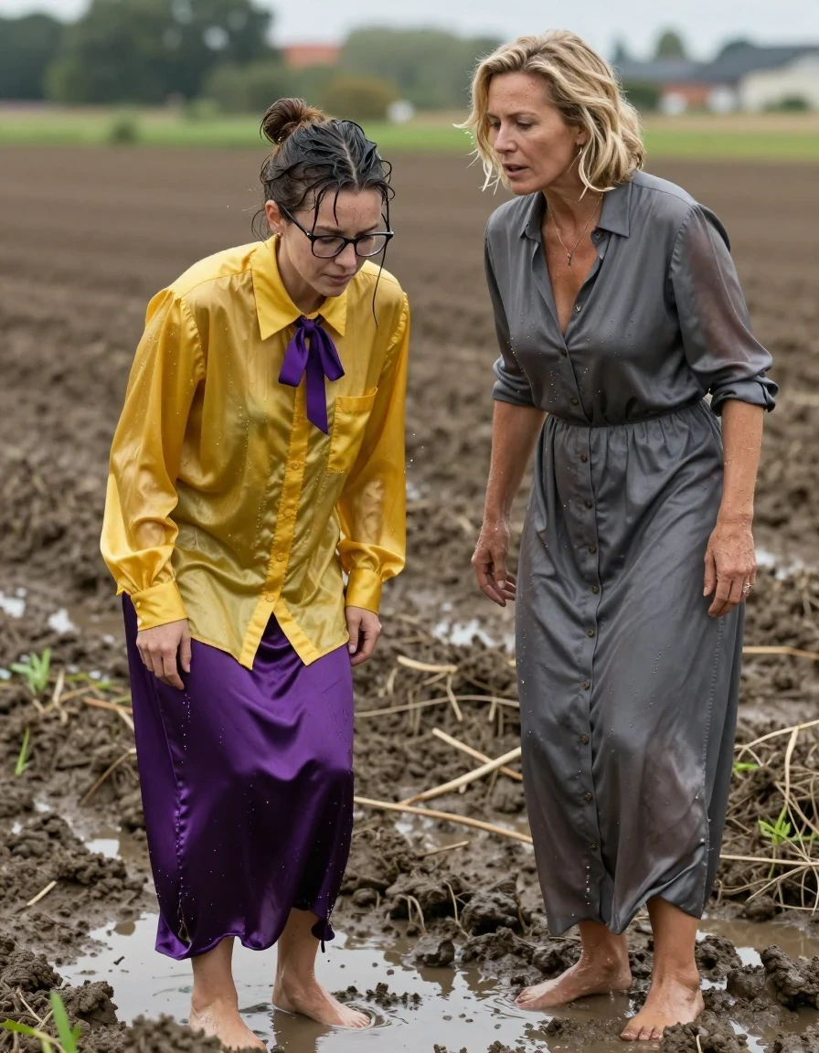 photo of young woman, in soaking wet, drenched clothes,
barefoot, satin purple maxi skirt, oversized long sleeved silk yellow buttoned-down blouse with purple bowtie, glasses, muddy fields, 
enjoying, wet clothes stuck to body,
detailed textures of the wet clothes, wet face, wet plastered hair,
wet, drenched, professional, high-quality details, full body view.
sharp focus, ultra-high pixel detail, realistic, high-quality, full colors, incredibly detailed, 4k, 8k, 16k, hyper-realistic, RAW photo, masterpiece, ultra-detailed, professionally color graded, professional photograph, two lesbian teachers: the nerdy young woman the her 30s in the yellow shirt is worshipping in a muddy puddle another muscular blonde woman in her 40s wearing a buttoned-down long maxi nylon gray dress, wet skin, wet clothes, damp fabric, wet skin, wet clothes, damp fabric, wet skin, wet clothes, damp fabric