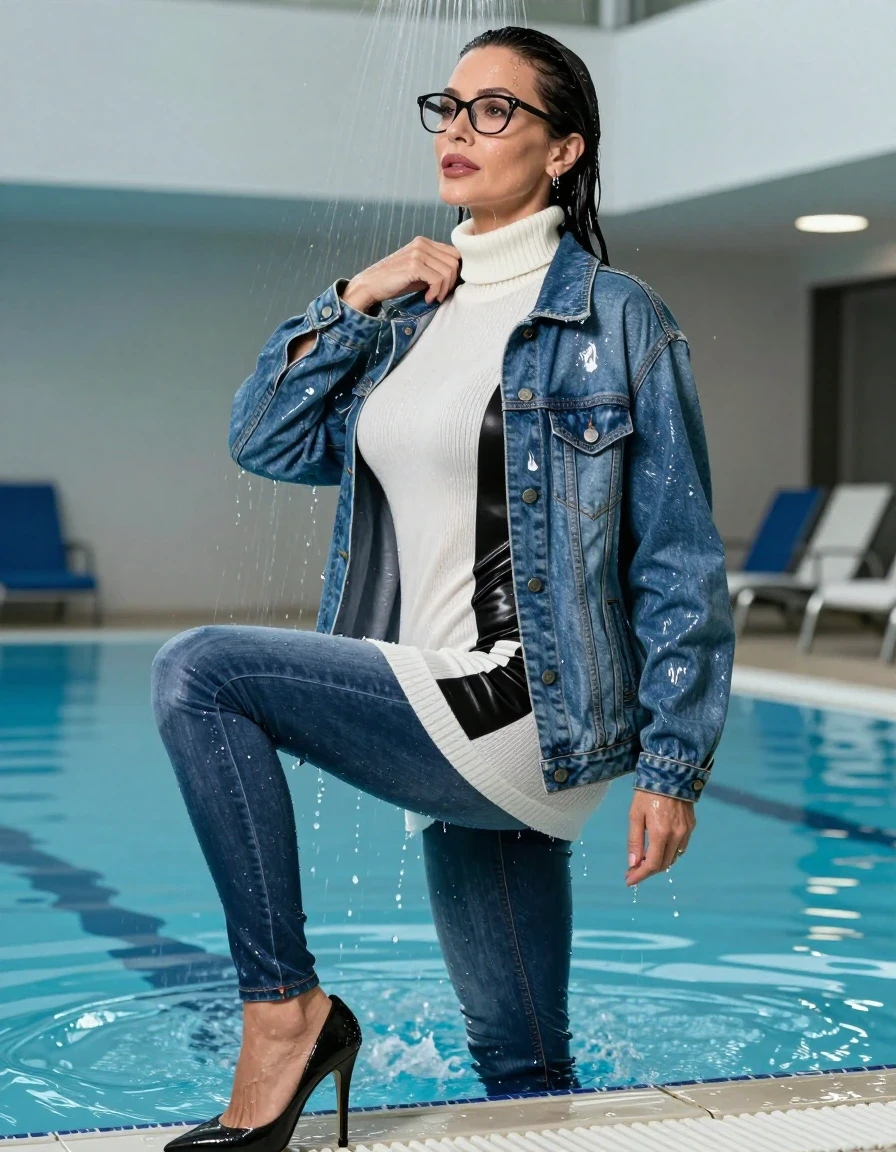photo of young woman, in soaking wet, drenched clothes,
high-heeled butts, long tight shiny jeans, maxi high-neck white & black sweater dress, maxi blue shiny denim jacket, under shower indoor swimming pool, enjoying wet clothes stuck body, enjoying, wet clothes stuck to body, 
enjoying, wet clothes stuck to body,
detailed textures of the wet clothes, wet face, wet plastered hair,
wet, drenched, professional, high-quality details, full body view.
sharp focus, ultra-high pixel detail, realistic, high-quality, full colors, incredibly detailed, 4k, 8k, 16k, hyper-realistic, RAW photo, masterpiece, ultra-detailed, professionally color graded, professional photograph, europen brunette skinny woman 50 years old, long dark black hair, very big and thick lips,  office glasses, complete body, wet skin, wet clothes, damp fabric, wet skin, wet clothes, damp fabric, wet skin, wet clothes, damp fabric, wet skin, wet clothes, damp fabric, wet skin, wet clothes, damp fabric