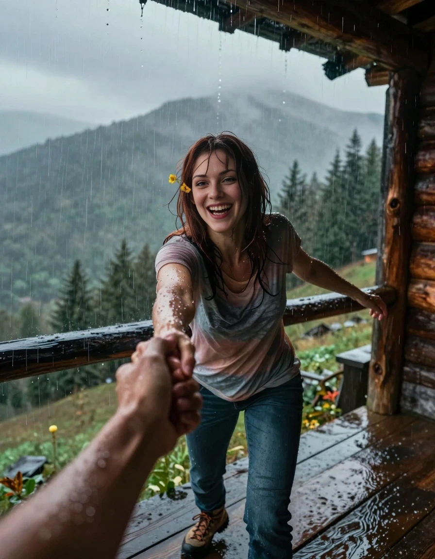 A realistic, vertical, first-person perspective fashion photograph from the user's viewpoint, capturing a 25-year-old adult woman dancing joyfully on a rustic timber cabin porch during a heavy mountain rainstorm. The woman is positioned in the center, her shoulder-length dark auburn hair is completely wet and plastered to her head, with a wildflower still tucked behind her ear. She is wearing a cotton t-shirt, jeans, and hiking boots, all thoroughly soaked and clinging to her body. She is reaching out with both hands to pull the user into the rain, her face lit with an exhilarated, playful smile. In the background, a dramatic mountain forest is shrouded in mist under a dark, stormy sky, and heavy rain cascades off the roof edge. The lighting is moody and cool, highlighting the glistening, drenched texture of her clothing and hair. The framing is a medium shot capturing her inviting, dynamic posture and the rustic wooden architecture of the porch. The depicted adult woman has shoulder-length dark auburn hair. Show her face clearly toward the camera at a mild three-quarter angle, large enough for a natural portrait face reference.