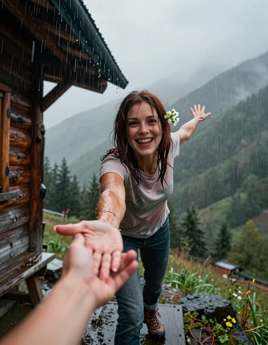A realistic, vertical, POV-style fashion photograph from the user's perspective, capturing a 25-year-old adult woman standing just outside the edge of a rustic timber cabin porch during a heavy mountain rainstorm. The woman, positioned in the center, has shoulder-length dark auburn hair that is completely wet and plastered to her head, with a wildflower tucked behind her ear; she is wearing a cotton t-shirt, jeans, and hiking boots, all thoroughly soaked and clinging to her. She is reaching out with both hands toward the camera with an exhilarated, joyful, and playful smile, beckoning the user to step into the heavy rain cascading off the roof edge. In the background, a dramatic mountain forest is shrouded in mist and rain under a dark, overcast sky. The lighting is moody and cool, emphasizing the heavy downpour and the glistening, drenched texture of her clothing and hair. The framing is a medium shot capturing her inviting posture and the rustic wooden architecture of the cabin porch. The depicted adult woman has shoulder-length dark auburn hair. Show her face clearly toward the camera at a mild three-quarter angle, large enough for a natural portrait face reference.