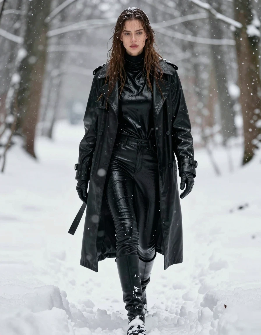 A photorealistic full-body shot of a young adult European woman with long, dripping wet brown hair, her skin glistening with heavy water sheen and dampness, walking through a dense forest during a heavy snowstorm. She is wearing an oversized black leather polar neck shirt, a long black leather trench coat, and black leather gloves on both hands. Her legs are clad in black leather jeans, which are visibly soaked, clinging to her skin with heavy folds, deep moisture saturation, and a high-gloss specular sheen on the leather surface. She is wearing black leather knee-high boots that are caked in snow. The entire scene is covered in thick, accumulating snow, with snowflakes clinging to her hair and clothes. The lighting is cold and wintry, emphasizing the contrast between the dark, wet leather textures and the stark white snow. Cinematic composition, 8k resolution, hyper-detailed textures, sharp focus, no nudity, clean anatomy.