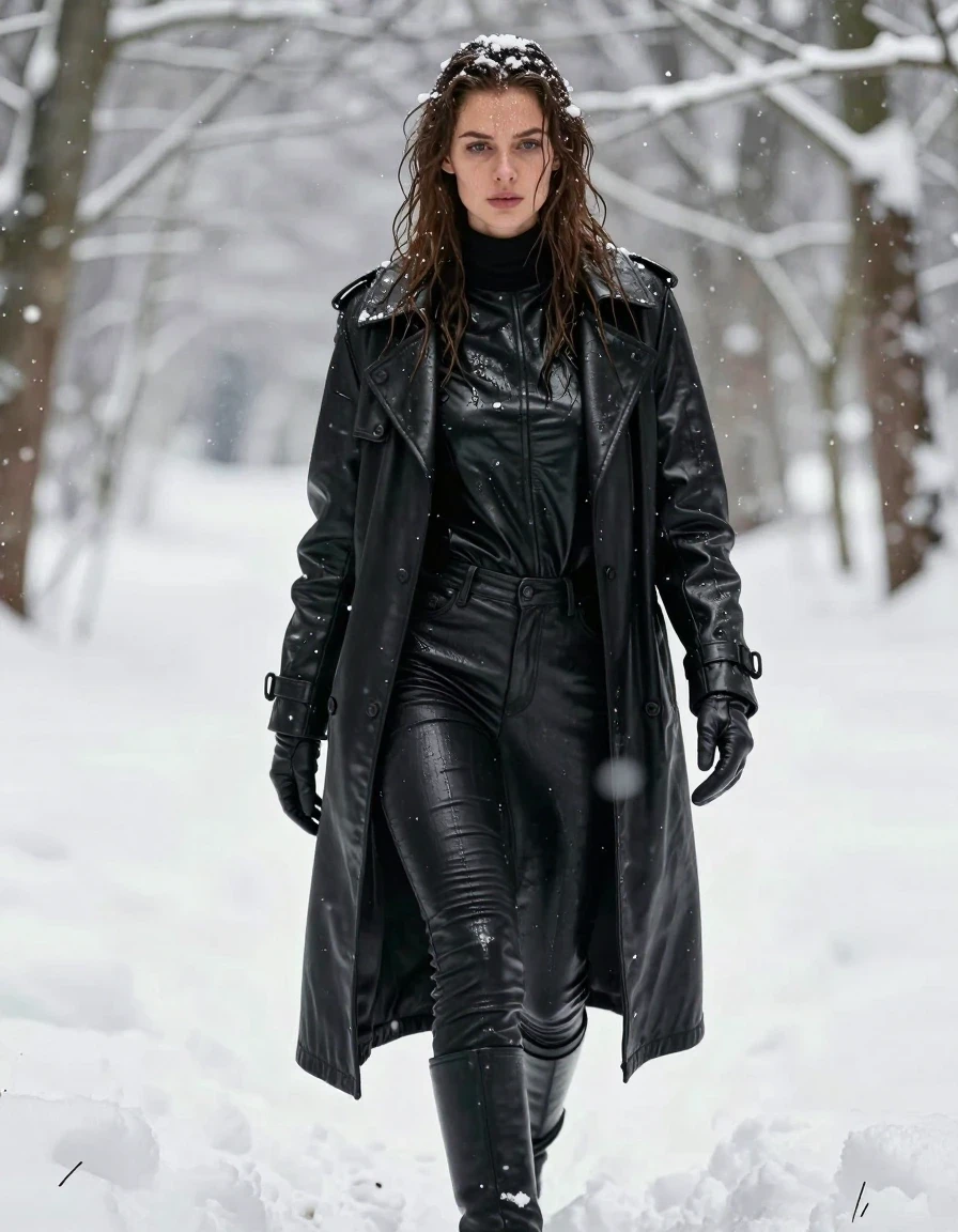 A photorealistic full-body shot of a young adult European woman with long dripping wet brown hair, walking through a dense snow-covered forest during a heavy snowfall. Her skin is visibly wet with a natural water sheen, and her expression is focused. She is dressed in an oversized black leather polar neck shirt, a long black leather trench coat, and tight black leather jeans that show heavy wet folds and a glossy sheen from the melting snow. She wears black leather gloves on both hands and black leather knee-high boots. The leather garments are heavily saturated with water, appearing darker and clinging to her form with realistic texture. The entire scene is covered in thick, accumulating snow, with snowflakes clinging to her hair and clothing. High-contrast lighting captures the sharp specular highlights on the wet leather and damp skin. 8k resolution, cinematic composition, sharp focus on the subject, highly detailed textures, no nudity, fully clothed, modest attire.