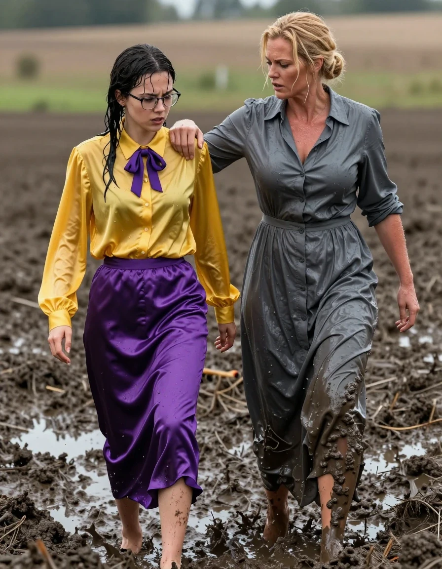 Photorealistic cinematic shot of two lesbian teachers in a muddy field. A nerdy young European woman in her 30s wears an oversized long-sleeved yellow silk buttoned-down blouse with a purple bowtie, glasses, and a satin purple maxi skirt, barefoot. She is being humiliated by a muscular blonde woman in her 40s wearing a buttoned-down long maxi gray nylon dress. Both women are completely drenched, with wet skin, damp hair, and soaked clothes. The silk and nylon fabrics are heavy, dark, clinging to their bodies, and saturated with water, showing deep folds and a visible wet sheen. The muddy field is waterlogged, with dark, wet earth splattered on their legs and clothes. High-contrast lighting highlights the glistening moisture on their skin and the heavy, dripping texture of the wet fabrics, captured with a sharp focus on their intense expressions and the messy, damp environment.