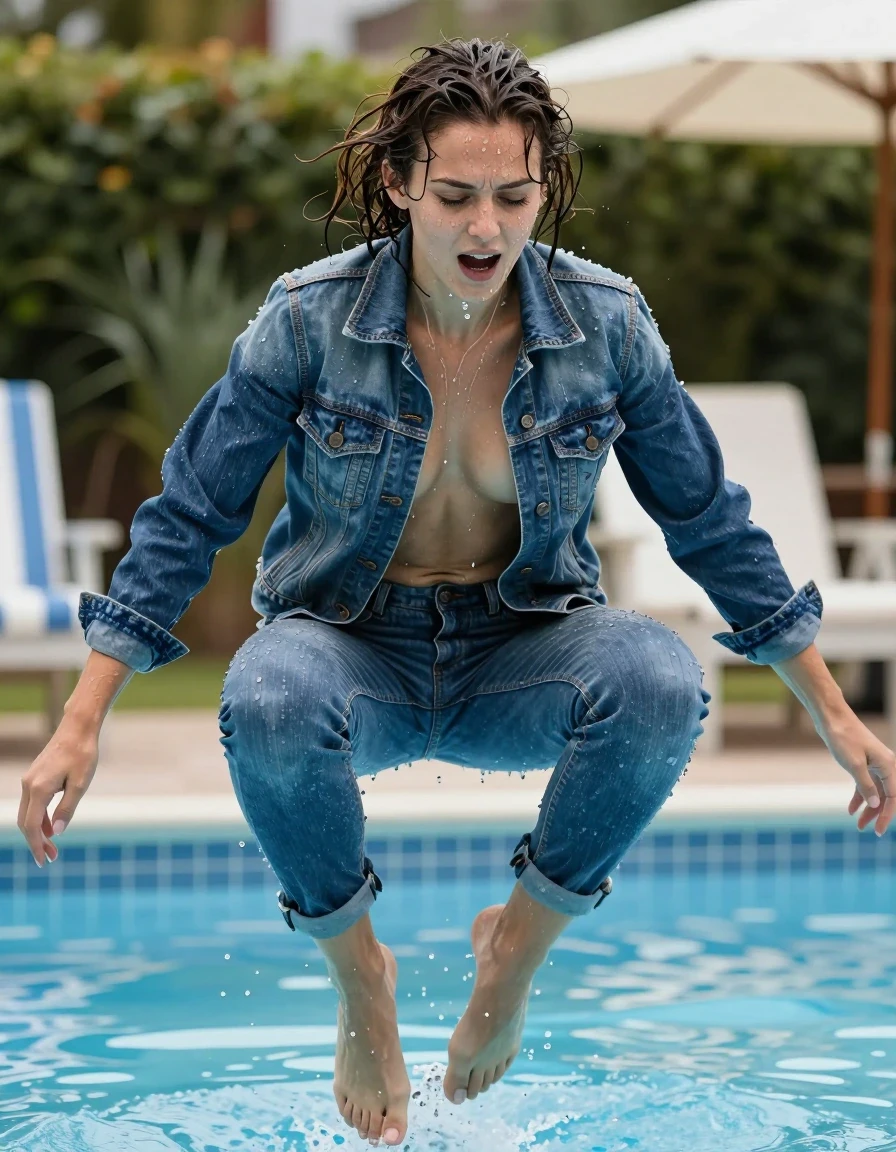 photo of young woman, in soaking wet, drenched clothes,
Barefoot, Blue jeans, Denim jacket, Poop, 
enjoying, wet clothes stuck to body,
detailed textures of the wet clothes, wet face, wet plastered hair,
wet, drenched, professional, high-quality details, full body view.
sharp focus, ultra-high pixel detail, realistic, high-quality, full colors, incredibly detailed, 4k, 8k, 16k, hyper-realistic, RAW photo, masterpiece, ultra-detailed, professionally color graded, professional photograph, Jump in fully clothed at pool party, wet skin, wet clothes, damp fabric