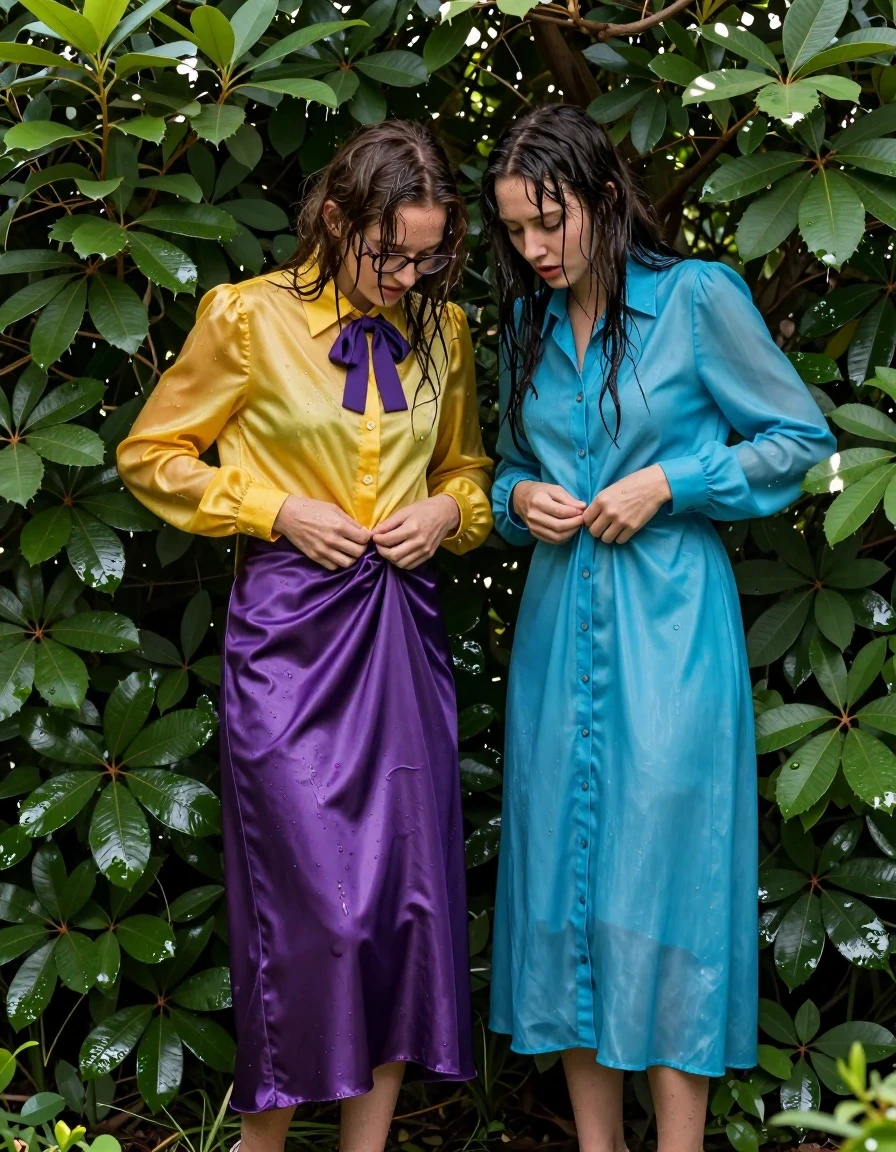 Two young adult European women, acting as nerdy teachers, hiding inside a lush green schoolyard bush. The first woman wears an oversized long-sleeved silk yellow buttoned-down blouse with a purple bowtie and glasses, paired with a satin purple maxi skirt and heels. The second woman wears a long-sleeved nylon buttoned-down cyan maxi dress and heels. Both women are captured in a passionate, intense moment, frantically unbuttoning their clothes while huddled together in the dense foliage. The scene features explicit wetness: their skin is drenched with a glistening sheen, hair is plastered and soaked, and their clothing is heavily saturated, clinging to their bodies with deep, darkened fabric tones and heavy, weighted folds. The satin and nylon fabrics exhibit strong, glossy specular reflections where water has soaked through, highlighting the texture of the material. The lighting is dappled sunlight filtering through the bush leaves, creating high-contrast highlights on their wet skin and fabric. Cinematic composition, hyper-realistic, 8k resolution, intricate details, photorealistic textures.