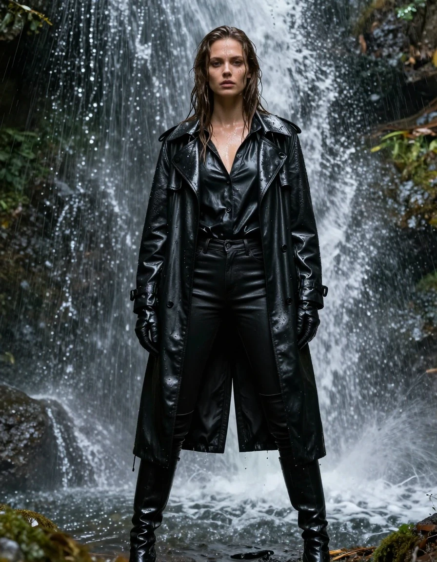 A photorealistic full-body shot of a young adult European woman with long, dripping wet brown hair, standing directly under a powerful forest waterfall. Her skin is glistening with water, and she is wearing an oversized black leather polar neck shirt, black leather jeans, a heavy black leather trench coat, and black leather gloves on both hands. She is finished with sleek black leather knee-high boots. The leather garments are heavily drenched, appearing dark, saturated, and heavy with water, featuring a pronounced wet sheen, clinging to her form, and covered in cascading water droplets. The scene is set in a dense, misty forest under the waterfall, with water continuously pouring over her. The lighting is natural and moody, highlighting the textures of the soaked leather and the wet skin. High-resolution, cinematic, hyper-realistic, sharp focus, 8k, professional photography, no nudity.