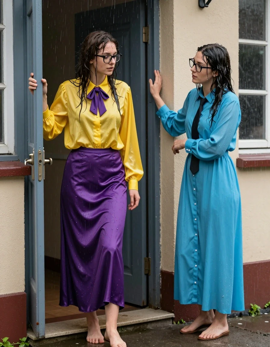 photo of young woman, in soaking wet, drenched clothes,
barefoot, 1st woman: satin purple maxi skirt 2nd: a long-sleeved buttoned-down cyan maxi dress with a necktie, 1st woman: oversized long sleeved silk yellow buttoned-down blouse with purple bowtie, glasses; 2nd: a long-sleeved buttoned-down cyan maxi dress with a black necktie, schoolyard, 
enjoying, wet clothes stuck to body,
detailed textures of the wet clothes, wet face, wet plastered hair,
wet, drenched, professional, high-quality details, full body view.
sharp focus, ultra-high pixel detail, realistic, high-quality, full colors, incredibly detailed, 4k, 8k, 16k, hyper-realistic, RAW photo, masterpiece, ultra-detailed, professionally color graded, professional photograph, two nerdy teachers stuck outside the school building in torrential rain, trying to get in the door, wet skin, wet clothes, damp fabric, wet skin, wet clothes, damp fabric