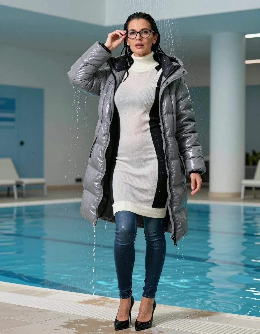 photo of young woman, in soaking wet, drenched clothes,
high-heeled shoes, long tight shiny jeans, maxi high-neck white & black sweater dress, maxi gray down jacket, under shower indoor swimming pool, enjoying wet clothes stuck body, enjoying, wet clothes stuck to body, 
enjoying, wet clothes stuck to body,
detailed textures of the wet clothes, wet face, wet plastered hair,
wet, drenched, professional, high-quality details, full body view.
sharp focus, ultra-high pixel detail, realistic, high-quality, full colors, incredibly detailed, 4k, 8k, 16k, hyper-realistic, RAW photo, masterpiece, ultra-detailed, professionally color graded, professional photograph, europen brunette skinny woman 50 years old, long dark black hair, very big and thick lips,  office glasses, complete body, wet skin, wet clothes, damp fabric, wet skin, wet clothes, damp fabric, wet skin, wet clothes, damp fabric, wet skin, wet clothes, damp fabric, wet skin, wet clothes, damp fabric
