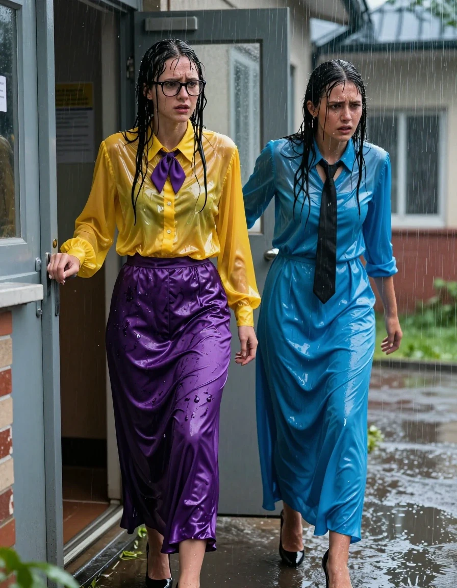 Hyper-realistic full-body shot of two young adult European female teachers stranded outside a school building during a heavy torrential downpour. First woman: wearing an oversized long-sleeved yellow silk buttoned-down blouse, untucked, with a purple bowtie and glasses, paired with a satin purple maxi skirt and high heels. Second woman: wearing a long-sleeved buttoned-down cyan maxi dress with a black necktie and high heels. Both women are drenched, with hair plastered to their faces and skin glistening with water. The yellow silk blouse is soaking wet, translucent, clinging to her skin with heavy folds and deep, saturated color shifts. The purple satin skirt is heavy with water, showing dark, saturated patches and glossy specular reflections. The cyan maxi dress is saturated, clinging to her frame, with darker soaked fabric textures and heavy wet folds. The subjects are positioned by a locked school door, looking distressed and urgent, trying to open the handle. The schoolyard setting features rain-slicked pavement, puddles, and heavy rain streaks in the air. Cinematic lighting, dramatic shadows, 8k resolution, highly detailed skin textures, wet fabric physics, photorealistic.