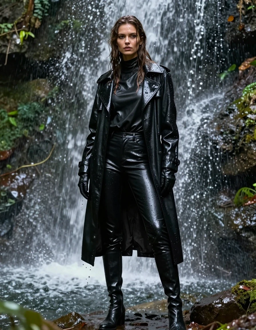 A photorealistic full-body shot of a young adult European woman with long, dripping wet brown hair, standing directly under a powerful forest waterfall. Her skin is glistening with water, and her expression is focused. She is wearing an oversized black leather polar neck shirt, black leather jeans that are heavy with water and clinging to her legs, a long black leather trench coat drenched and heavy, and black leather gloves. On her feet are sleek black leather knee-high boots. The entire outfit is completely saturated, with water cascading over the surface, creating intense glossy specular reflections, dark wet patches, and deep folds in the fabric. The waterfall creates a mist and constant flow of water over her body, emphasizing the wet texture of the leather and her hair. The environment is a lush, vibrant forest with natural rock formations and greenery. The lighting is soft, diffused daylight filtering through the trees, highlighting the wet sheen and water droplets clinging to the surfaces. High-resolution, cinematic photography, sharp focus, 8k, highly detailed textures.