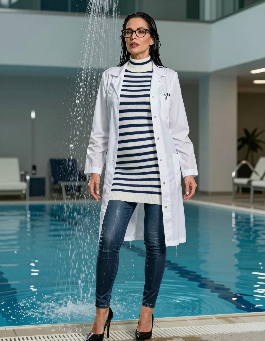 photo of young woman, in soaking wet, drenched clothes,
high-heeled butts, long tight shiny jeans, maxi high-neck white & dark blue striped sweater dress, maxi white labcoat with long sleeves, under shower indoor swimming pool, enjoying wet clothes stuck body, enjoying, wet clothes stuck to body, 
enjoying, wet clothes stuck to body,
detailed textures of the wet clothes, wet face, wet plastered hair,
wet, drenched, professional, high-quality details, full body view.
sharp focus, ultra-high pixel detail, realistic, high-quality, full colors, incredibly detailed, 4k, 8k, 16k, hyper-realistic, RAW photo, masterpiece, ultra-detailed, professionally color graded, professional photograph, europen brunette skinny woman 50 years old, long dark black hair, very big and thick lips,  office glasses, complete body, wet skin, wet clothes, damp fabric, wet skin, wet clothes, damp fabric, wet skin, wet clothes, damp fabric, wet skin, wet clothes, damp fabric, wet skin, wet clothes, damp fabric