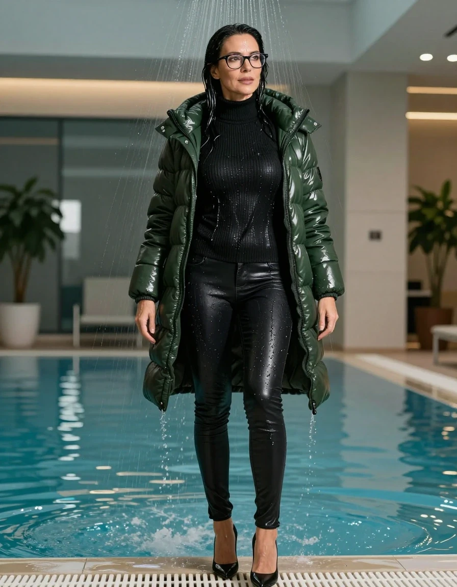 photo of young woman, in soaking wet, drenched clothes,
high-heeled shoes, long tight shiny jeans, maxi high-neck black sweater dress, maxi dark green down jacket, under shower indoor swimming pool, enjoying wet clothes stuck body, enjoying, wet clothes stuck to body, 
enjoying, wet clothes stuck to body,
detailed textures of the wet clothes, wet face, wet plastered hair,
wet, drenched, professional, high-quality details, full body view.
sharp focus, ultra-high pixel detail, realistic, high-quality, full colors, incredibly detailed, 4k, 8k, 16k, hyper-realistic, RAW photo, masterpiece, ultra-detailed, professionally color graded, professional photograph, europen brunette skinny woman 50 years old, long dark black hair, very big and thick lips,  office glasses, complete body, wet skin, wet clothes, damp fabric, wet skin, wet clothes, damp fabric, wet skin, wet clothes, damp fabric, wet skin, wet clothes, damp fabric, wet skin, wet clothes, damp fabric