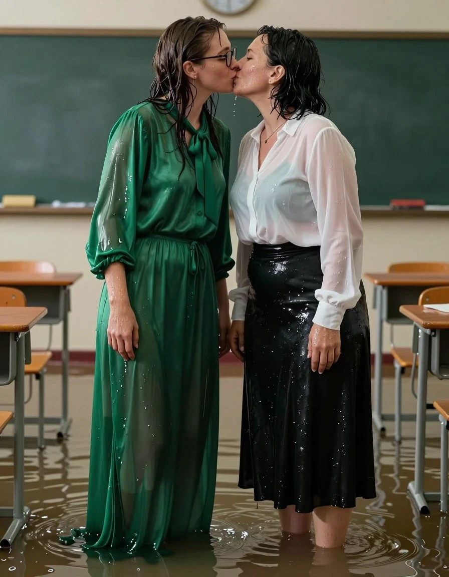 A photorealistic cinematic shot of a young adult European woman wearing an oversized long-sleeved silk green maxi dress with a bowtie and glasses, passionately kissing a woman in her 40s who is dressed in a long-sleeved white blouse and a long black skirt. Both women are standing in an empty flooded classroom with water at ankle height. The clothing is visibly soaked, clinging to their bodies with heavy wet folds, darkened fabric tones, and a realistic water sheen. Their skin is glistening with moisture, and their hair is damp and matted. The silk green dress shows deep, saturated color shifts due to the water absorption, while the white blouse is translucent and heavy with saturation. The lighting is soft and ambient, reflecting off the flooded floor and the wet textures of their clothing and skin. High-detail photography, 8k, sharp focus on the subjects, realistic water physics, atmospheric depth.