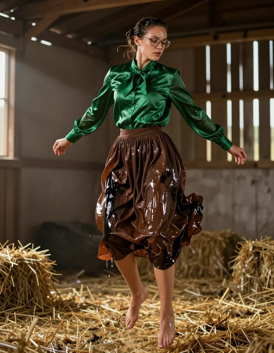 A photorealistic action shot of a young adult European woman with wet, slicked-back hair and drenched, glistening skin, jumping energetically in a dusty rustic barn. She is wearing a long-sleeved silk green blouse with a tied bowtie at the neck, the fabric saturated with water, clinging to her frame, darkened in color, and displaying heavy wet folds and a high-gloss sheen. She wears a maxi brown skirt layered over a sodden petticoat that hangs heavy with water weight, with dark, soaked patches and clinging, translucent textures. She is wearing glasses and is barefoot, her skin covered in a realistic wet sheen and water droplets. The background features golden hay scattered across the wooden barn floor, with dust motes dancing in shafts of natural light filtering through wooden slats. The shot is captured with a high-shutter speed to freeze the motion of her jump, with sharp focus on the textures of the wet silk and damp hay, cinematic lighting, 8k resolution, highly detailed skin texture.