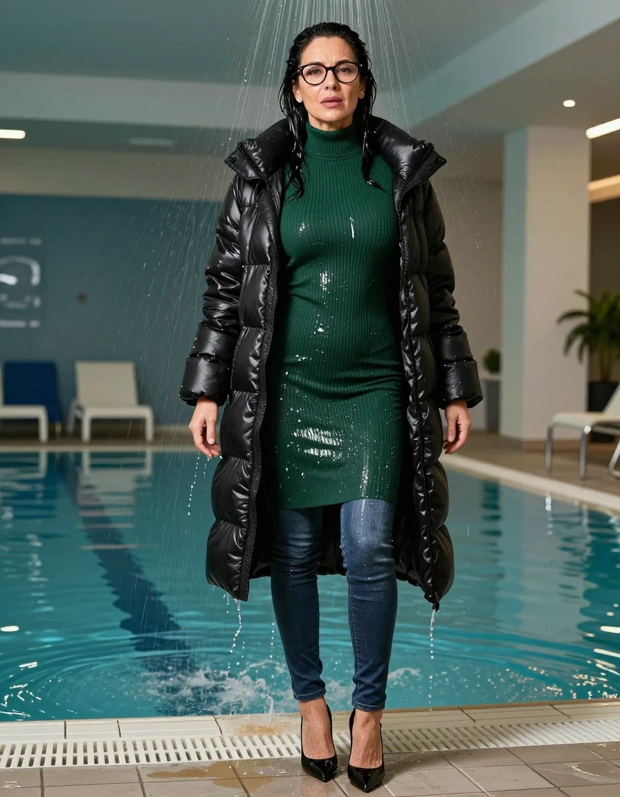 photo of young woman, in soaking wet, drenched clothes,
high-heeled shoes, long tight shiny jeans, maxi high-neck dark green sweater dress, maxi black down jacket, under shower indoor swimming pool, enjoying wet clothes stuck body, enjoying, wet clothes stuck to body, 
enjoying, wet clothes stuck to body,
detailed textures of the wet clothes, wet face, wet plastered hair,
wet, drenched, professional, high-quality details, full body view.
sharp focus, ultra-high pixel detail, realistic, high-quality, full colors, incredibly detailed, 4k, 8k, 16k, hyper-realistic, RAW photo, masterpiece, ultra-detailed, professionally color graded, professional photograph, europen brunette skinny woman 50 years old, long dark black hair, very big and thick lips,  office glasses, complete body, wet skin, wet clothes, damp fabric, wet skin, wet clothes, damp fabric, wet skin, wet clothes, damp fabric, wet skin, wet clothes, damp fabric, wet skin, wet clothes, damp fabric