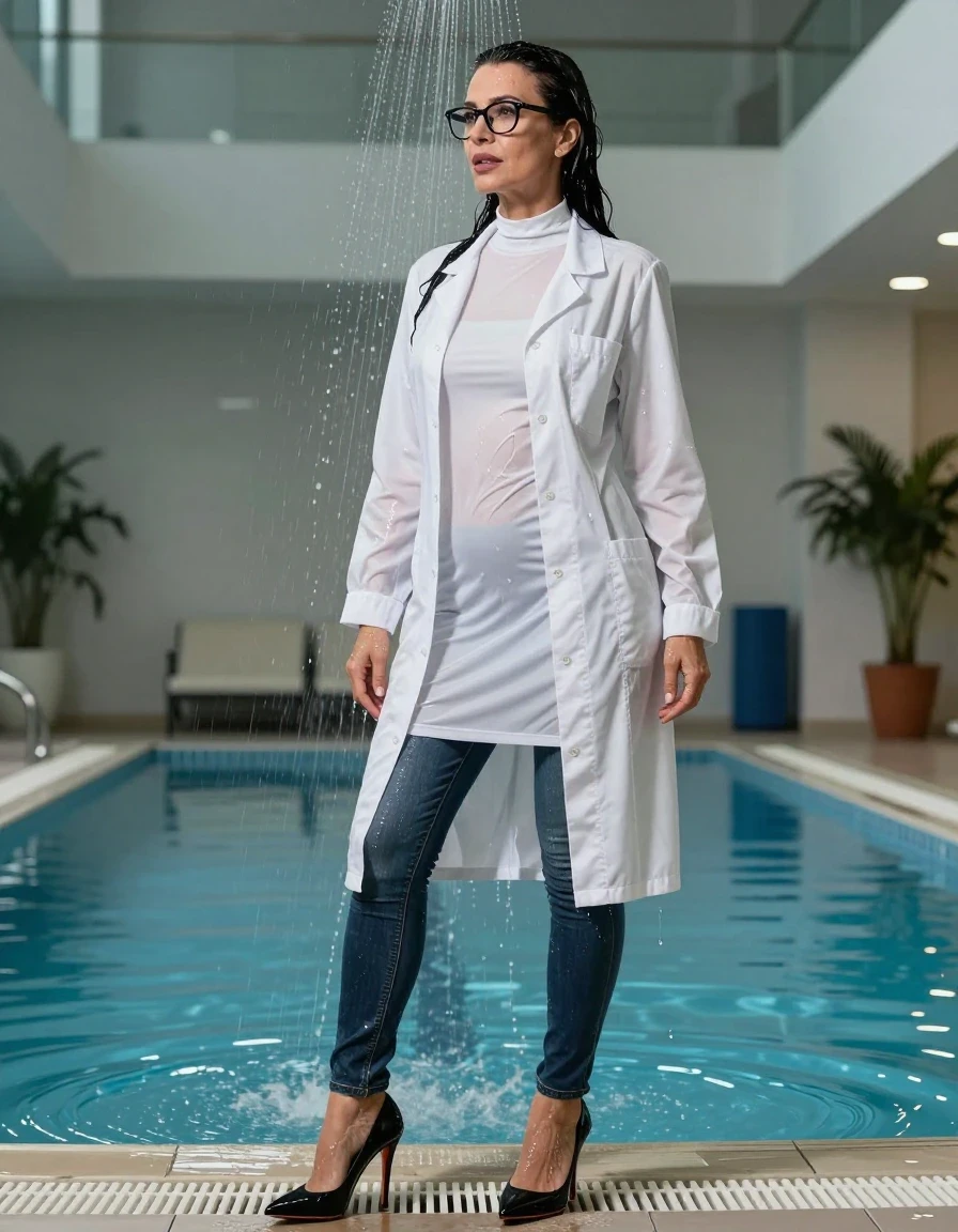 photo of young woman, in soaking wet, drenched clothes,
high-heeled butts, long tight shiny jeans, maxi high-neck white t-shirt dress, maxi white labcoat with long sleeves, under shower indoor swimming pool, enjoying wet clothes stuck body, enjoying, wet clothes stuck to body, 
enjoying, wet clothes stuck to body,
detailed textures of the wet clothes, wet face, wet plastered hair,
wet, drenched, professional, high-quality details, full body view.
sharp focus, ultra-high pixel detail, realistic, high-quality, full colors, incredibly detailed, 4k, 8k, 16k, hyper-realistic, RAW photo, masterpiece, ultra-detailed, professionally color graded, professional photograph, europen brunette skinny woman 50 years old, long dark black hair, very big and thick lips,  office glasses, complete body, wet skin, wet clothes, damp fabric, wet skin, wet clothes, damp fabric, wet skin, wet clothes, damp fabric, wet skin, wet clothes, damp fabric, wet skin, wet clothes, damp fabric