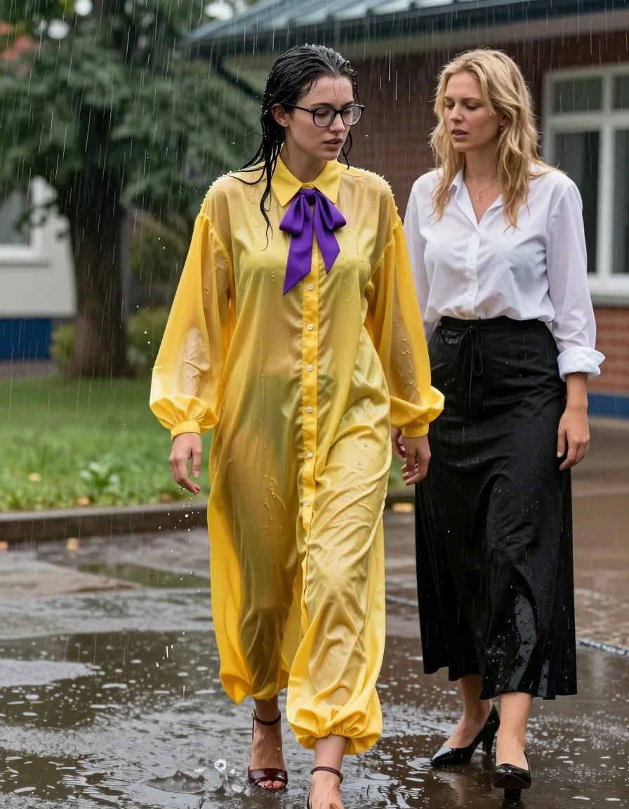photo of young woman, in soaking wet, drenched clothes,
heels, oversized long sleeved silk yellow buttoned-down maxi dress with purple bowtie, glasses, oversized long sleeved silk yellow buttoned-down maxi dress with purple bowtie, glasses, outside school during a thunderstorm, 
enjoying, wet clothes stuck to body,
detailed textures of the wet clothes, wet face, wet plastered hair,
wet, drenched, professional, high-quality details, full body view.
sharp focus, ultra-high pixel detail, realistic, high-quality, full colors, incredibly detailed, 4k, 8k, 16k, hyper-realistic, RAW photo, masterpiece, ultra-detailed, professionally color graded, professional photograph, two lesbian teachers: the woman in the yellow dress is being dominated in a puddle by another blonde woman wearing a long sleeved white blouse and a long black skirt, wet skin, wet clothes, damp fabric, wet skin, wet clothes, damp fabric, wet skin, wet clothes, damp fabric