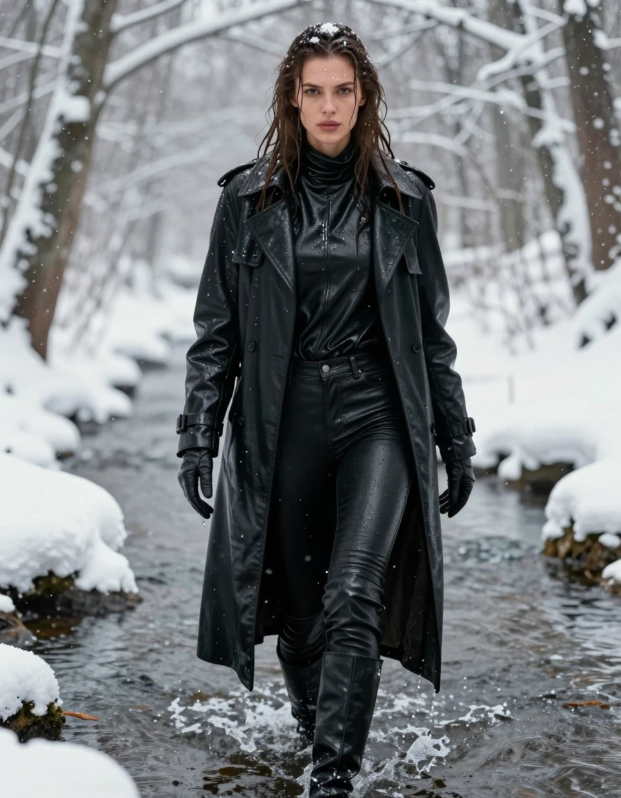 A photorealistic full-body shot of a young adult European woman with long, dripping wet brown hair, her skin glistening with a realistic water sheen and dampness. She is dressed in an oversize black leather polar neck shirt, a heavy black leather trench coat, black leather jeans, and black leather knee-high boots, with leather gloves on both hands. The leather garments are visibly soaked, with dark, heavy wet folds, clinging to her form, and a high-gloss specular reflection on the saturated surfaces. She is walking through a shallow, freezing river set within a deep, snow-covered forest during a heavy snowfall. The environment is frigid, with thick snow coating the trees and the ground, and snow accumulation visible on her shoulders and hair. The lighting is cold and diffuse, highlighting the wet texture of her skin and the dripping, saturated leather. The image emphasizes high-detail textures, realistic moisture, and a cinematic winter atmosphere. No nudity, clean anatomy, professional photography, 8k resolution, sharp focus on subject.
