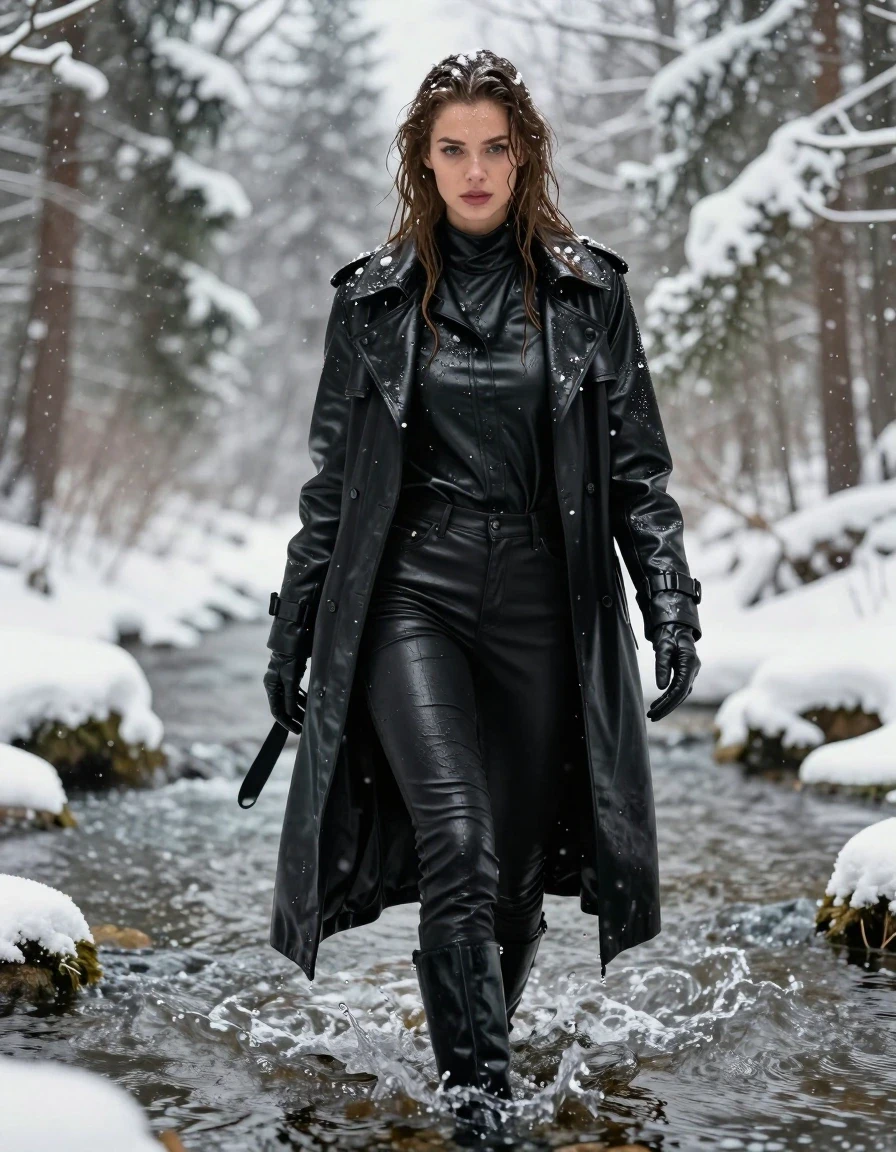 A photorealistic full-body shot of a young adult European woman with long, dripping wet brown hair, her skin glistening with a layer of icy water, walking through a shallow river in a dense, snow-covered forest during a heavy snowfall. She is wearing an oversized black leather polar neck shirt with a heavy, soaked texture, fitted black leather jeans that appear darkened and slick with moisture, a long black leather trench coat drenched and clinging to her frame, and black leather knee-high boots. She wears black leather gloves on both hands. The clothing is heavy with water, showing deep folds, a distinct wet sheen, and dark, saturated textures. Snowflakes accumulate on her hair, shoulders, and the leather surfaces. The environment features snow-covered pine trees and icy river water swirling around her boots. Cinematic lighting, sharp focus on the wet fabric textures, high-contrast reflections on the slick leather, 8k resolution, hyper-detailed, professional photography, no nudity.
